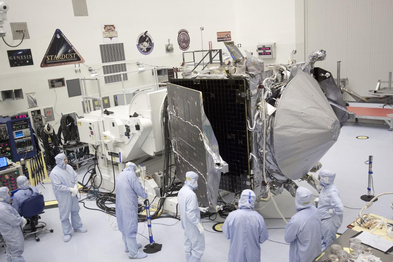 CAPE CANAVERAL, Fla. – Inside the Payload Hazardous Servicing Facility at NASA's Kennedy Space Center in Florida, engineers and technicians have begun the process to stow the power-generating solar arrays for the Mars Atmosphere and Volatile Evolution, or MAVEN, spacecraft. MAVEN is being prepared for its scheduled launch on Nov 18, 2013 from Cape Canaveral Air Force Station, Fla. atop a United Launch Alliance Atlas V rocket. Positioned in an orbit above the Red Planet, MAVEN will study the upper atmosphere of Mars in unprecedented detail. For more information, visit: http://www.nasa.gov/mission_pages/maven/main/index.html Photo credit: NASA/Jim Grossmann