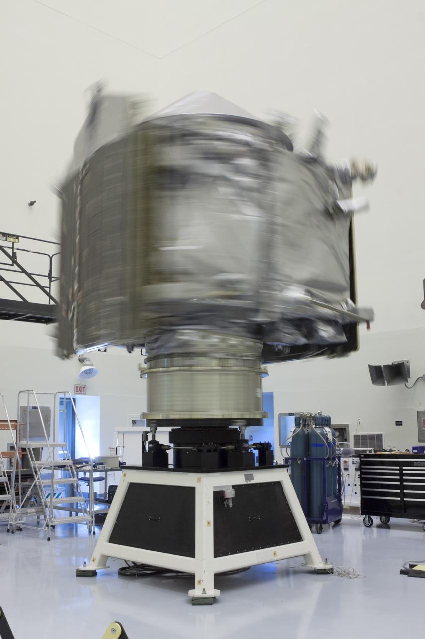 CAPE CANAVERAL, Fla. – Inside the Payload Hazardous Servicing Facility at NASA's Kennedy Space Center in Florida, engineers and technicians perform a spin test of the Mars Atmosphere and Volatile Evolution, or MAVEN, spacecraft. The operation is designed to verify that MAVEN is properly balanced as it spins during the initial mission activities.      MAVEN is being prepared for its scheduled launch on Nov 18, 2013 from Cape Canaveral Air Force Station, Fla. atop a United Launch Alliance Atlas V rocket. Positioned in an orbit above the Red Planet, MAVEN will study the upper atmosphere of Mars in unprecedented detail. For more information, visit: http://www.nasa.gov/mission_pages/maven/main/index.html Photo credit: NASA/Kim Shiflett