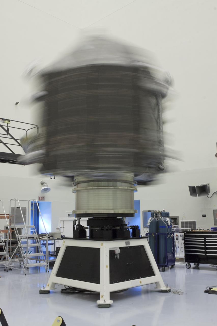 CAPE CANAVERAL, Fla. – Inside the Payload Hazardous Servicing Facility at NASA's Kennedy Space Center in Florida, engineers and technicians perform a spin test of the Mars Atmosphere and Volatile Evolution, or MAVEN, spacecraft. The operation is designed to verify that MAVEN is properly balanced as it spins during the initial mission activities.      MAVEN is being prepared for its scheduled launch on Nov 18, 2013 from Cape Canaveral Air Force Station, Fla. atop a United Launch Alliance Atlas V rocket. Positioned in an orbit above the Red Planet, MAVEN will study the upper atmosphere of Mars in unprecedented detail. For more information, visit: http://www.nasa.gov/mission_pages/maven/main/index.html Photo credit: NASA/Kim Shiflett