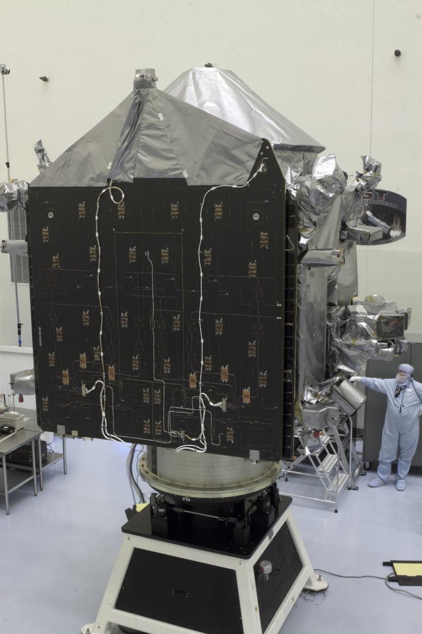 CAPE CANAVERAL, Fla. – Inside the Payload Hazardous Servicing Facility at NASA's Kennedy Space Center in Florida, engineers and technicians have just completed a spin test of the Mars Atmosphere and Volatile Evolution, or MAVEN, spacecraft. The operation is designed to verify that MAVEN is properly balanced as it spins during the initial mission activities.      MAVEN is being prepared for its scheduled launch on Nov 18, 2013 from Cape Canaveral Air Force Station, Fla. atop a United Launch Alliance Atlas V rocket. Positioned in an orbit above the Red Planet, MAVEN will study the upper atmosphere of Mars in unprecedented detail. For more information, visit: http://www.nasa.gov/mission_pages/maven/main/index.html Photo credit: NASA/Kim Shiflett