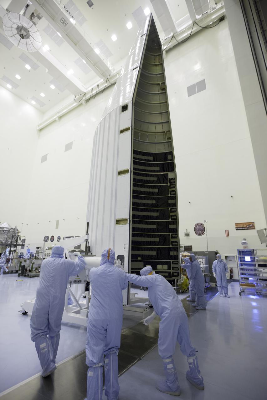 CAPE CANAVERAL, Fla. – The payload fairing for the Mars Atmosphere and Volatile Evolution, or MAVEN, spacecraft arrives at the Payload Hazardous Servicing Facility at NASA's Kennedy Space Center in Florida.    MAVEN is being prepared for its scheduled launch on Nov 18, 2013 from Cape Canaveral Air Force Station, Fla. atop a United Launch Alliance Atlas V rocket. Positioned in an orbit above the Red Planet, MAVEN will study the upper atmosphere of Mars in unprecedented detail. For more information, visit: http://www.nasa.gov/mission_pages/maven/main/index.html Photo credit: NASA/Kim Shiflett