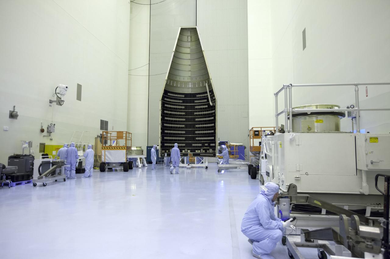 CAPE CANAVERAL, Fla. – The payload fairing for the Mars Atmosphere and Volatile Evolution, or MAVEN, spacecraft arrives at the Payload Hazardous Servicing Facility at NASA's Kennedy Space Center in Florida.    MAVEN is being prepared for its scheduled launch on Nov 18, 2013 from Cape Canaveral Air Force Station, Fla. atop a United Launch Alliance Atlas V rocket. Positioned in an orbit above the Red Planet, MAVEN will study the upper atmosphere of Mars in unprecedented detail. For more information, visit: http://www.nasa.gov/mission_pages/maven/main/index.html Photo credit: NASA/Kim Shiflett