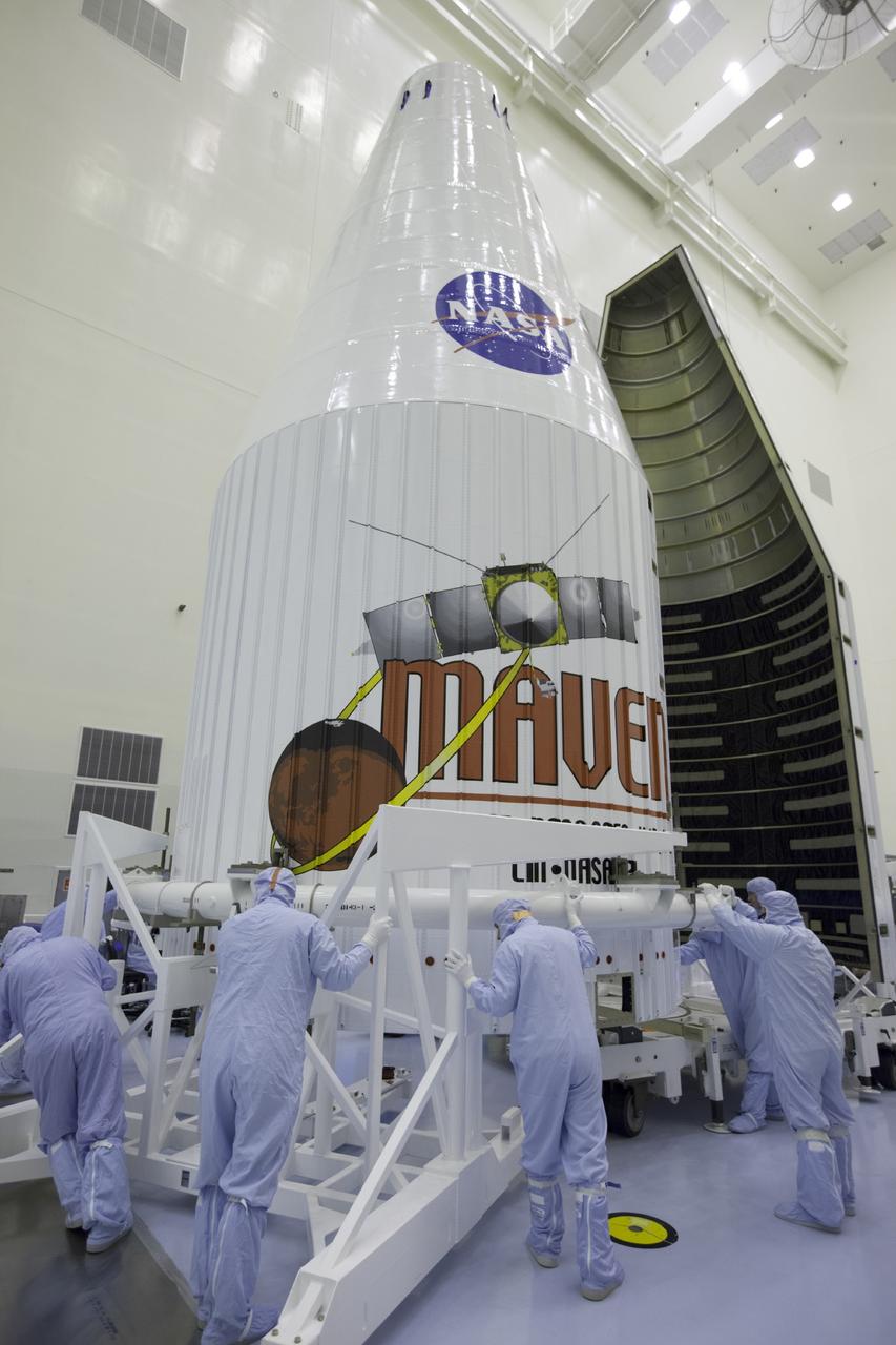 CAPE CANAVERAL, Fla. – The payload fairing for the Mars Atmosphere and Volatile Evolution, or MAVEN, spacecraft arrives at the Payload Hazardous Servicing Facility at NASA's Kennedy Space Center in Florida.    MAVEN is being prepared for its scheduled launch on Nov 18, 2013 from Cape Canaveral Air Force Station, Fla. atop a United Launch Alliance Atlas V rocket. Positioned in an orbit above the Red Planet, MAVEN will study the upper atmosphere of Mars in unprecedented detail. For more information, visit: http://www.nasa.gov/mission_pages/maven/main/index.html Photo credit: NASA/Kim Shiflett