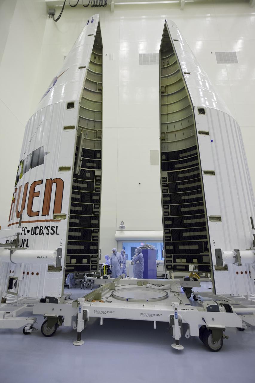CAPE CANAVERAL, Fla. – Inside the Payload Hazardous Servicing Facility at NASA's Kennedy Space Center in Florida, engineers and technicians begin inspections of the payload fairing for the Mars Atmosphere and Volatile Evolution, or MAVEN, spacecraft.      MAVEN is being prepared for its scheduled launch on Nov 18, 2013 from Cape Canaveral Air Force Station, Fla. atop a United Launch Alliance Atlas V rocket. Positioned in an orbit above the Red Planet, MAVEN will study the upper atmosphere of Mars in unprecedented detail. For more information, visit: http://www.nasa.gov/mission_pages/maven/main/index.html Photo credit: NASA/Kim Shiflett