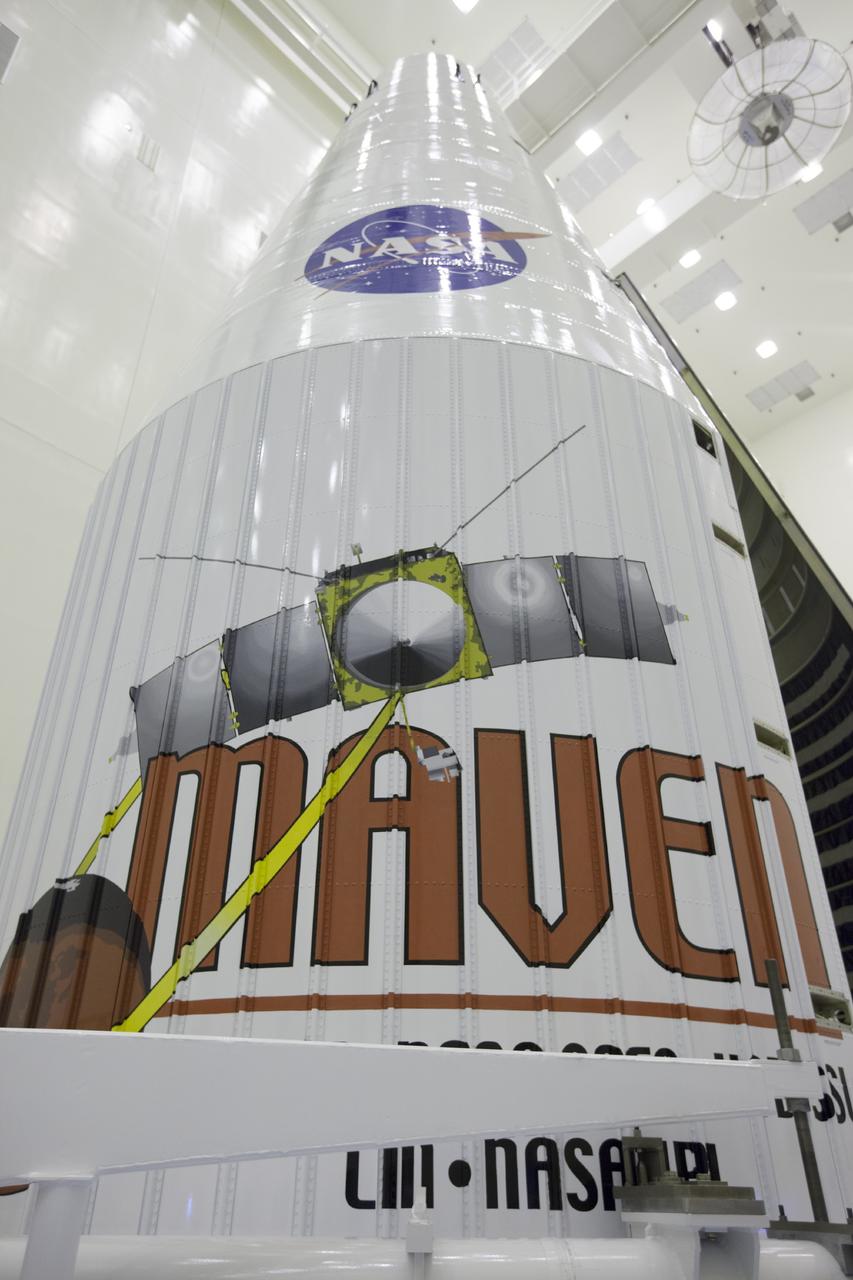 CAPE CANAVERAL, Fla. – Inside the Payload Hazardous Servicing Facility at NASA's Kennedy Space Center in Florida, engineers and technicians begin inspections of the payload fairing for the Mars Atmosphere and Volatile Evolution, or MAVEN, spacecraft.      MAVEN is being prepared for its scheduled launch on Nov 18, 2013 from Cape Canaveral Air Force Station, Fla. atop a United Launch Alliance Atlas V rocket. Positioned in an orbit above the Red Planet, MAVEN will study the upper atmosphere of Mars in unprecedented detail. For more information, visit: http://www.nasa.gov/mission_pages/maven/main/index.html Photo credit: NASA/Kim Shiflett