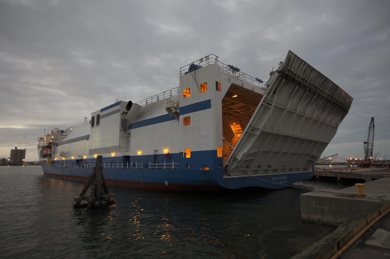 PORT CANAVERAL, Fla. – The United Launch Alliance barge Delta Mariner arrives at Port Canaveral, Fla. delivering the Atlas V launch vehicle that will boost the Tracking and Data Relay Satellite, or TDRS-L, spacecraft into orbit around the Earth. The rocket's first-stage booster and Centaur upper stage will be transported to the hangar at the Atlas Spaceflight Operations Center on Cape Canaveral Air Force Station for checkout in preparation for launch.      TDRS-L is the second of three next-generation satellites designed to ensure vital operational continuity for the NASA Space Network. It is scheduled to launch from Cape Canaveral's Space Launch Complex 41 atop an Atlas V rocket in January 2014. The current Tracking and Data Relay Satellite system consists of eight in-orbit satellites distributed to provide near continuous information relay service to missions such as the Hubble Space Telescope and International Space Station. For more information, visit: http://www.nasa.gov/content/tracking-and-data-relay-satellite-tdrs/ Photo credit: NASA/ Kim Shiflett