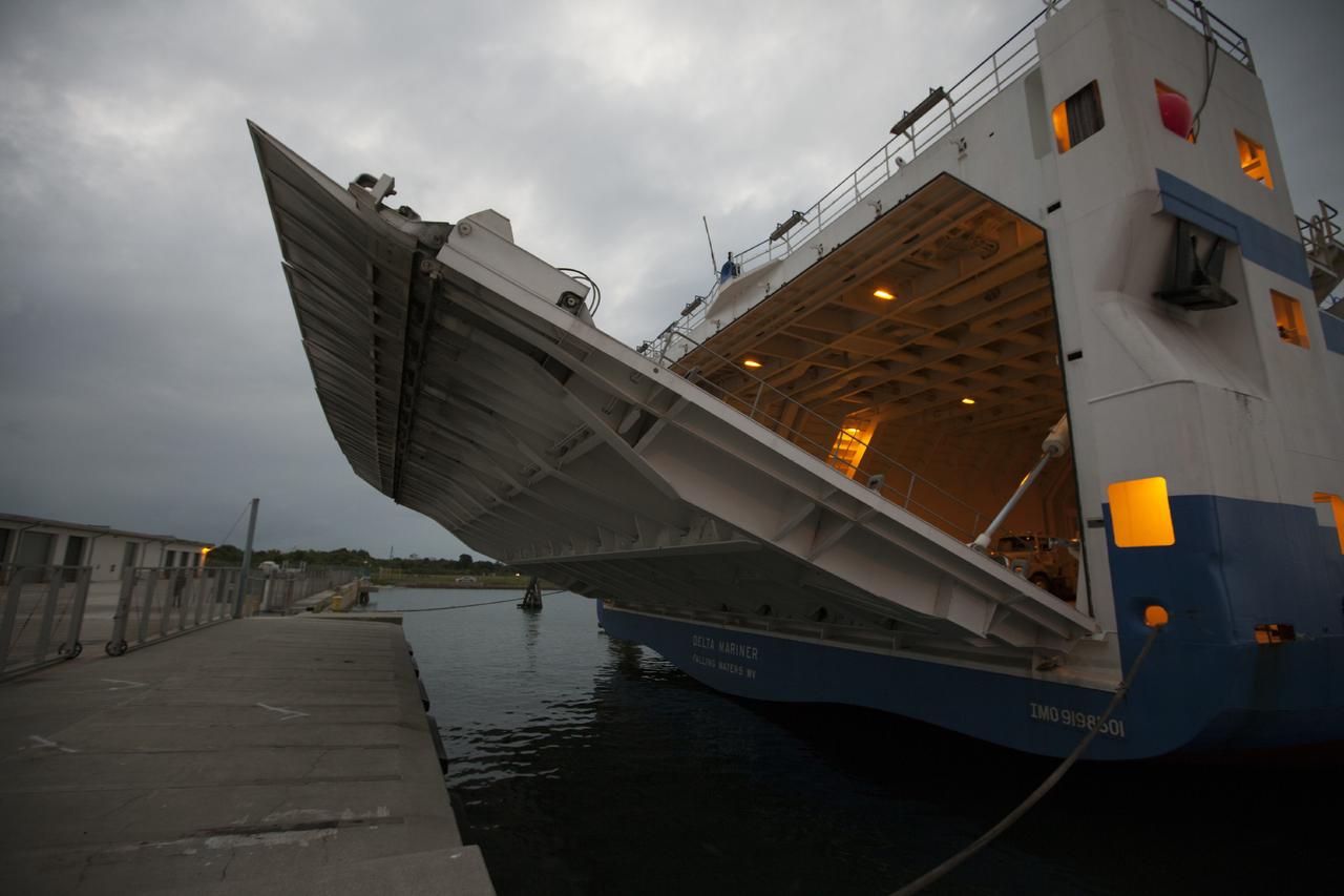 PORT CANAVERAL, Fla. – The United Launch Alliance barge Delta Mariner arrives at Port Canaveral, Fla. delivering the Atlas V launch vehicle that will boost the Tracking and Data Relay Satellite, or TDRS-L, spacecraft into orbit around the Earth. The rocket's first-stage booster and Centaur upper stage will be transported to the hangar at the Atlas Spaceflight Operations Center on Cape Canaveral Air Force Station for checkout in preparation for launch.      TDRS-L is the second of three next-generation satellites designed to ensure vital operational continuity for the NASA Space Network. It is scheduled to launch from Cape Canaveral's Space Launch Complex 41 atop an Atlas V rocket in January 2014. The current Tracking and Data Relay Satellite system consists of eight in-orbit satellites distributed to provide near continuous information relay service to missions such as the Hubble Space Telescope and International Space Station. For more information, visit: http://www.nasa.gov/content/tracking-and-data-relay-satellite-tdrs/ Photo credit: NASA/ Kim Shiflett