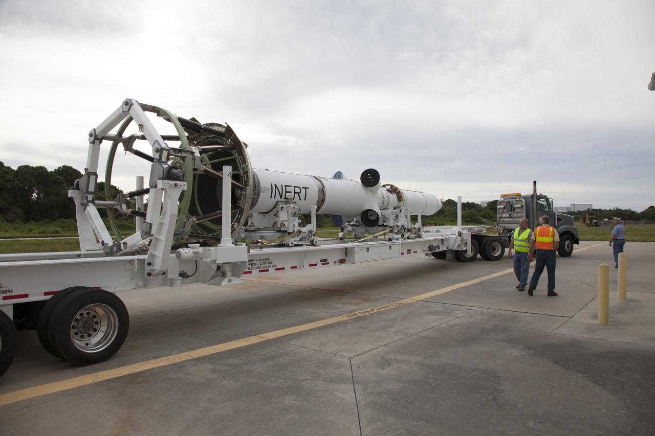 CAPE CANAVERAL, Fla. – At the Launch Abort System Facility at NASA’s Kennedy Space Center in Florida, the launch abort system, or LAS, for the Orion Exploration Flight Test-1, is being moved by flatbed truck from the high bay. The LAS will be moved to a low bay at the facility to complete processing. Orion is the exploration spacecraft designed to carry crews to space beyond low Earth orbit. It will provide emergency abort capability, sustain the crew during the space travel and provide safe re-entry from deep space return velocities. The LAS is designed to safely pull the Orion crew module away from the launch vehicle in the event of an emergency on the launch pad or during the initial ascent of NASA’s Space Launch System, or SLS, rocket. Orion’s first unpiloted test flight is scheduled to launch in 2014 atop a Delta IV rocket. A second uncrewed flight test is scheduled for 2017 on the SLS rocket. For more information, visit http://www.nasa.gov/orion. Photo credit: NASA/Daniel Casper