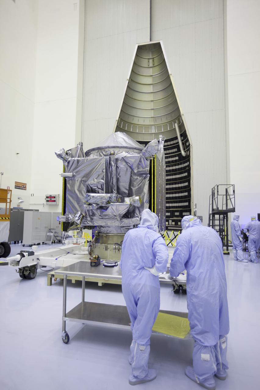 CAPE CANAVERAL, Fla. – Inside the Payload Hazardous Servicing Facility at NASA's Kennedy Space Center in Florida, engineers and technicians prepare the Mars Atmosphere and Volatile Evolution, or MAVEN, spacecraft for encapsulation inside its payload fairing.      MAVEN is being prepared for its scheduled launch on Nov 18, 2013 from Cape Canaveral Air Force Station, Fla. atop a United Launch Alliance Atlas V rocket. Positioned in an orbit above the Red Planet, MAVEN will study the upper atmosphere of Mars in unprecedented detail. For more information, visit: http://www.nasa.gov/mission_pages/maven/main/index.html Photo credit: NASA/Kim Shiflett