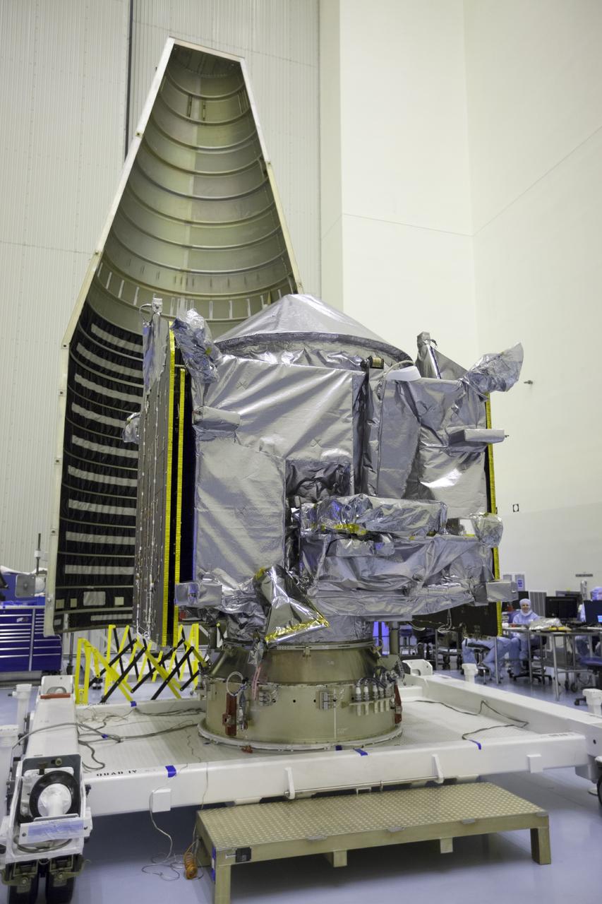 CAPE CANAVERAL, Fla. – Inside the Payload Hazardous Servicing Facility at NASA's Kennedy Space Center in Florida, engineers and technicians prepare the Mars Atmosphere and Volatile Evolution, or MAVEN, spacecraft for encapsulation inside its payload fairing.      MAVEN is being prepared for its scheduled launch on Nov 18, 2013 from Cape Canaveral Air Force Station, Fla. atop a United Launch Alliance Atlas V rocket. Positioned in an orbit above the Red Planet, MAVEN will study the upper atmosphere of Mars in unprecedented detail. For more information, visit: http://www.nasa.gov/mission_pages/maven/main/index.html Photo credit: NASA/Kim Shiflett