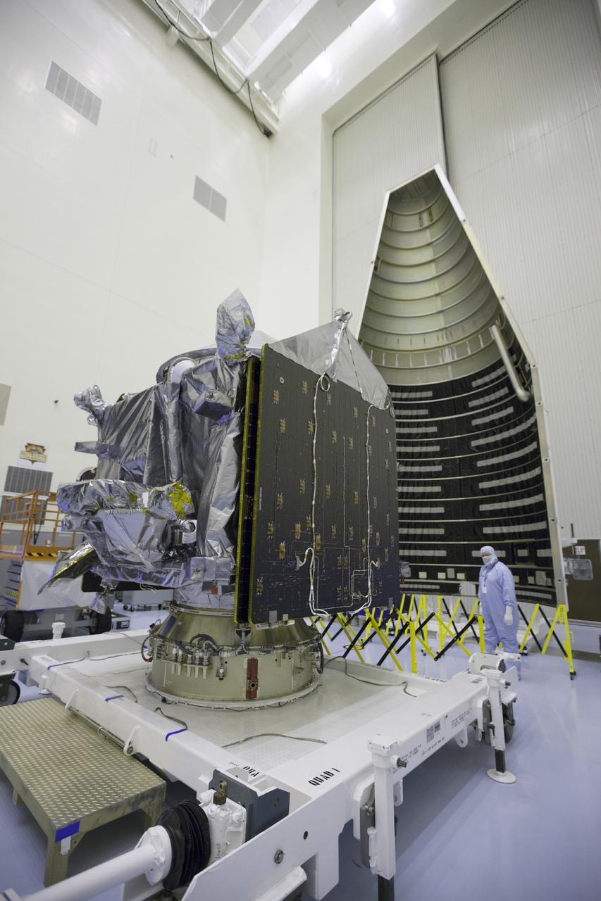 CAPE CANAVERAL, Fla. – Inside the Payload Hazardous Servicing Facility at NASA's Kennedy Space Center in Florida, engineers and technicians prepare the Mars Atmosphere and Volatile Evolution, or MAVEN, spacecraft for encapsulation inside its payload fairing.      MAVEN is being prepared for its scheduled launch on Nov 18, 2013 from Cape Canaveral Air Force Station, Fla. atop a United Launch Alliance Atlas V rocket. Positioned in an orbit above the Red Planet, MAVEN will study the upper atmosphere of Mars in unprecedented detail. For more information, visit: http://www.nasa.gov/mission_pages/maven/main/index.html Photo credit: NASA/Kim Shiflett