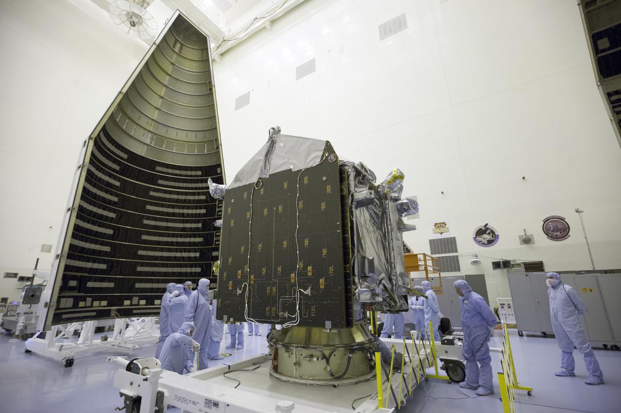 CAPE CANAVERAL, Fla. – Inside the Payload Hazardous Servicing Facility at NASA's Kennedy Space Center in Florida, engineers and technicians prepare the Mars Atmosphere and Volatile Evolution, or MAVEN, spacecraft for encapsulation inside its payload fairing.      MAVEN is being prepared for its scheduled launch on Nov 18, 2013 from Cape Canaveral Air Force Station, Fla. atop a United Launch Alliance Atlas V rocket. Positioned in an orbit above the Red Planet, MAVEN will study the upper atmosphere of Mars in unprecedented detail. For more information, visit: http://www.nasa.gov/mission_pages/maven/main/index.html Photo credit: NASA/Kim Shiflett