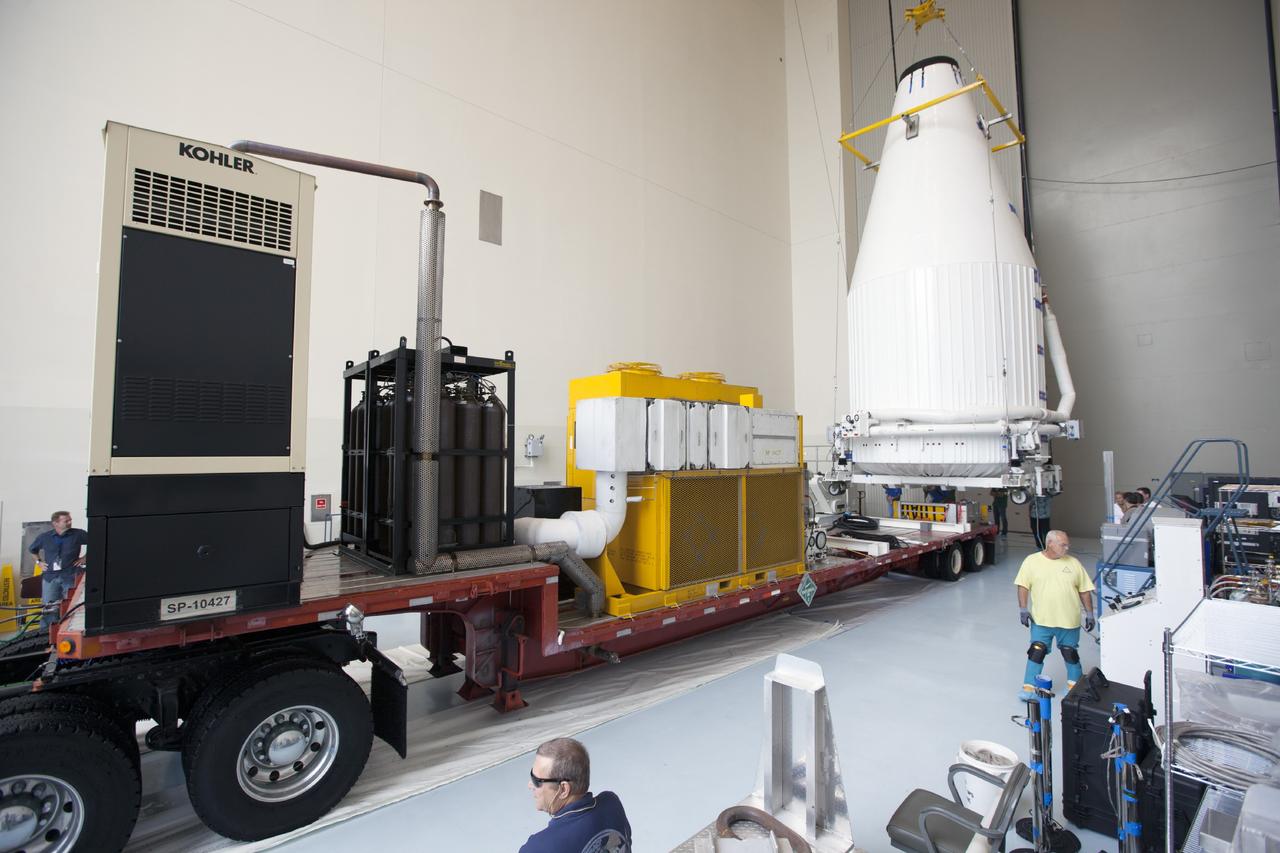 CAPE CANAVERAL, Fla. – Engineers and technicians move NASA's MAVEN spacecraft, inside payload fairing, onto a trailer inside the Payload Hazardous Servicing Facility, or PHSF, for transport to Space Launch Complex 41 where it will be hoisted atop a United Launch Alliance Atlas V rocket that will lift it into space and on to Mars. MAVEN is short for Mars Atmosphere and Volatile Evolution. Photo credit: NASA/Kim Shiflett