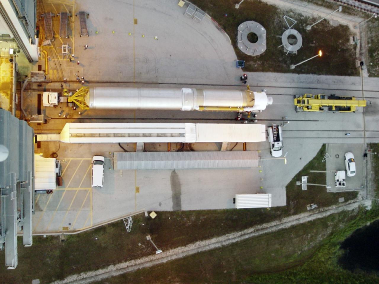 CAPE CANAVERAL, Fla. – In this overhead view at Cape Canaveral Air Force Station in Florida, the United Launch Alliance Atlas V first stage is prepared for stacking at Launch Pad 41 in preparation for the Mars Atmosphere and Volatile Evolution, or MAVEN, mission.      MAVEN is being prepared for its scheduled launch on Nov 18, 2013 from Cape Canaveral Air Force Station, Fla. atop a United Launch Alliance Atlas V rocket. Positioned in an orbit above the Red Planet, MAVEN will study the upper atmosphere of Mars in unprecedented detail. For more information, visit: http://www.nasa.gov/mission_pages/maven/main/index.html Photo credit: United Launch Alliance