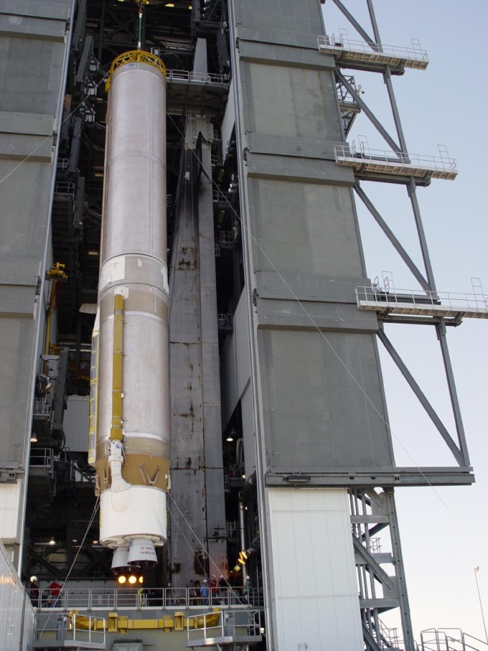 CAPE CANAVERAL, Fla. – At Cape Canaveral Air Force Station in Florida, the United Launch Alliance Centaur second stage is prepared for stacking atop the Atlas V first stage at Launch Pad 41 in preparation for the Mars Atmosphere and Volatile Evolution, or MAVEN, mission.      MAVEN is being prepared for its scheduled launch on Nov 18, 2013 from Cape Canaveral Air Force Station, Fla. atop a United Launch Alliance Atlas V rocket. Positioned in an orbit above the Red Planet, MAVEN will study the upper atmosphere of Mars in unprecedented detail. For more information, visit: http://www.nasa.gov/mission_pages/maven/main/index.html Photo credit: United Launch Alliance