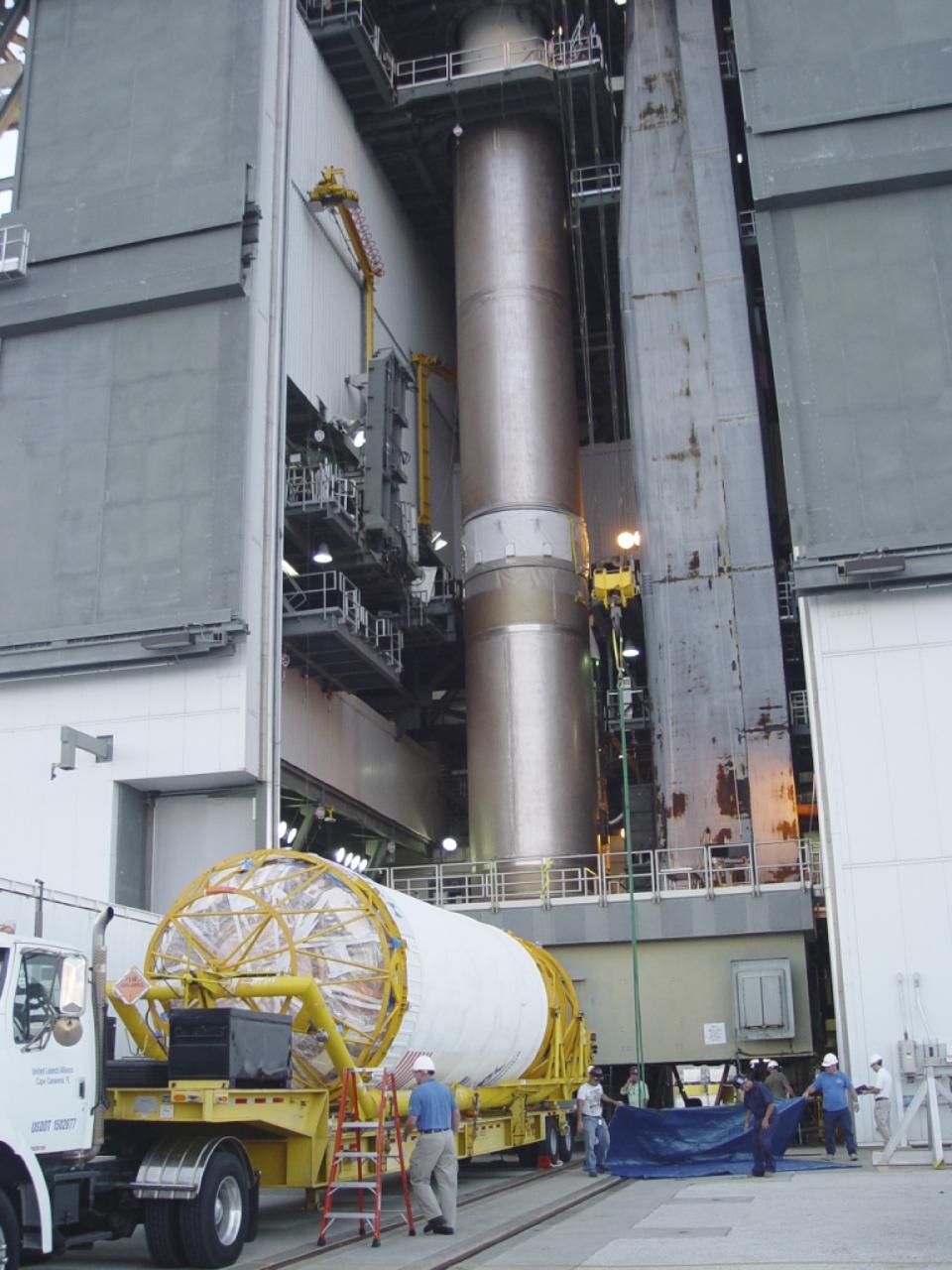 CAPE CANAVERAL, Fla. – At Cape Canaveral Air Force Station in Florida, the United Launch Alliance Centaur second stage is prepared for stacking atop the Atlas V first stage at Launch Pad 41 in preparation for the Mars Atmosphere and Volatile Evolution, or MAVEN, mission.      MAVEN is being prepared for its scheduled launch on Nov 18, 2013 from Cape Canaveral Air Force Station, Fla. atop a United Launch Alliance Atlas V rocket. Positioned in an orbit above the Red Planet, MAVEN will study the upper atmosphere of Mars in unprecedented detail. For more information, visit: http://www.nasa.gov/mission_pages/maven/main/index.html Photo credit: United Launch Alliance