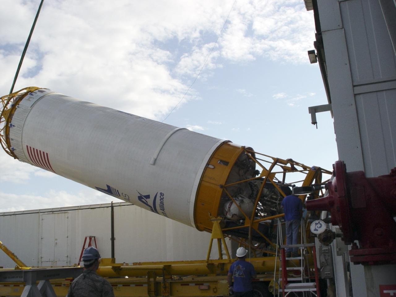 CAPE CANAVERAL, Fla. – At Cape Canaveral Air Force Station in Florida, the United Launch Alliance Centaur second stage is lifted for stacking atop its Atlas V first stage at Launch Pad 41 in preparation for the Mars Atmosphere and Volatile Evolution, or MAVEN, mission.      MAVEN is being prepared for its scheduled launch on Nov 18, 2013 from Cape Canaveral Air Force Station, Fla. atop a United Launch Alliance Atlas V rocket. Positioned in an orbit above the Red Planet, MAVEN will study the upper atmosphere of Mars in unprecedented detail. For more information, visit: http://www.nasa.gov/mission_pages/maven/main/index.html Photo credit: United Launch Alliance