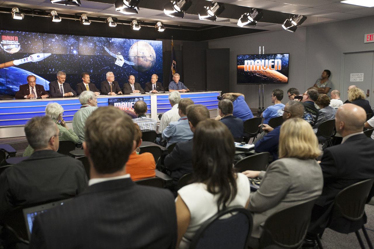 CAPE CANAVERAL, Fla. – During a news conference at NASA's Kennedy Space Center in Florida, agency and contractor officials discussed preparations for the launch of the Mars Atmosphere and Volatile EvolutioN, or MAVEN, mission. Participating in the briefing, from the left, are George Diller of NASA Public Affairs, Geoffrey Yoder, NASA deputy associate administrator of programs in the Science Mission Directorate, Omar Baez, NASA launch director, Vernon Thorp, program manager for NASA Missions with United Launch Alliance in Centennial, Colo., David Mitchell, NASA's MAVEN project manager at the Goddard Space Flight Center in Greenbelt, Md., Guy Beutelschies, Lockheed Martin's MAVEN project manager and Clay Flinn, launch weather officer, 45th Weather Squadron at Cape Canaveral Air Force Station, Fla.      MAVEN is being prepared for its scheduled launch on Nov 18, 2013 from Cape Canaveral Air Force Station, Fla. atop a United Launch Alliance Atlas V rocket. Positioned in an orbit above the Red Planet, MAVEN will study the upper atmosphere of Mars in unprecedented detail. For information on the MAVEN mission, visit: http://www.nasa.gov/mission_pages/maven/main/index.html. Photo credit: NASA          MAVEN is being prepared for its scheduled launch on Nov 18, 2013 from Cape Canaveral Air Force Station, Fla. atop a United Launch Alliance Atlas V rocket. Positioned in an orbit above the Red Planet, MAVEN will study the upper atmosphere of Mars in unprecedented detail. For more information, visit: http://www.nasa.gov/mission_pages/maven/main/index.html Photo credit: NASA/Kim Shiflett