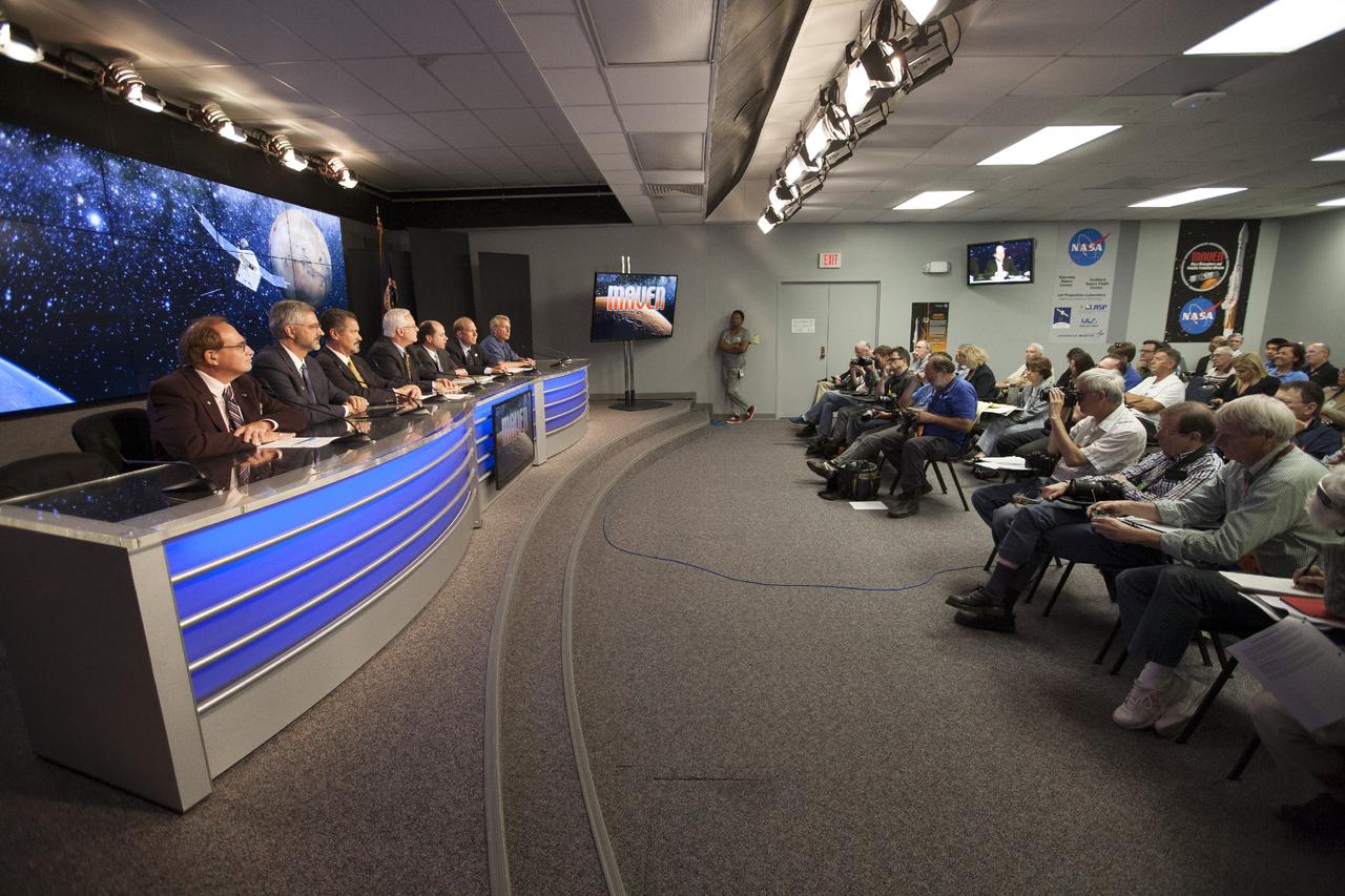 CAPE CANAVERAL, Fla. – During a news conference at NASA's Kennedy Space Center in Florida, agency and contractor officials discussed preparations for the launch of the Mars Atmosphere and Volatile EvolutioN, or MAVEN, mission. Participating in the briefing, from the left, are George Diller of NASA Public Affairs, Geoffrey Yoder, NASA deputy associate administrator of programs in the Science Mission Directorate, Omar Baez, NASA launch director, Vernon Thorp, program manager for NASA Missions with United Launch Alliance in Centennial, Colo., David Mitchell, NASA's MAVEN project manager at the Goddard Space Flight Center in Greenbelt, Md., Guy Beutelschies, Lockheed Martin's MAVEN project manager and Clay Flinn, launch weather officer, 45th Weather Squadron at Cape Canaveral Air Force Station, Fla.      MAVEN is being prepared for its scheduled launch on Nov 18, 2013 from Cape Canaveral Air Force Station, Fla. atop a United Launch Alliance Atlas V rocket. Positioned in an orbit above the Red Planet, MAVEN will study the upper atmosphere of Mars in unprecedented detail. For information on the MAVEN mission, visit: http://www.nasa.gov/mission_pages/maven/main/index.html. Photo credit: NASA          MAVEN is being prepared for its scheduled launch on Nov 18, 2013 from Cape Canaveral Air Force Station, Fla. atop a United Launch Alliance Atlas V rocket. Positioned in an orbit above the Red Planet, MAVEN will study the upper atmosphere of Mars in unprecedented detail. For more information, visit: http://www.nasa.gov/mission_pages/maven/main/index.html Photo credit: NASA/Kim Shiflett