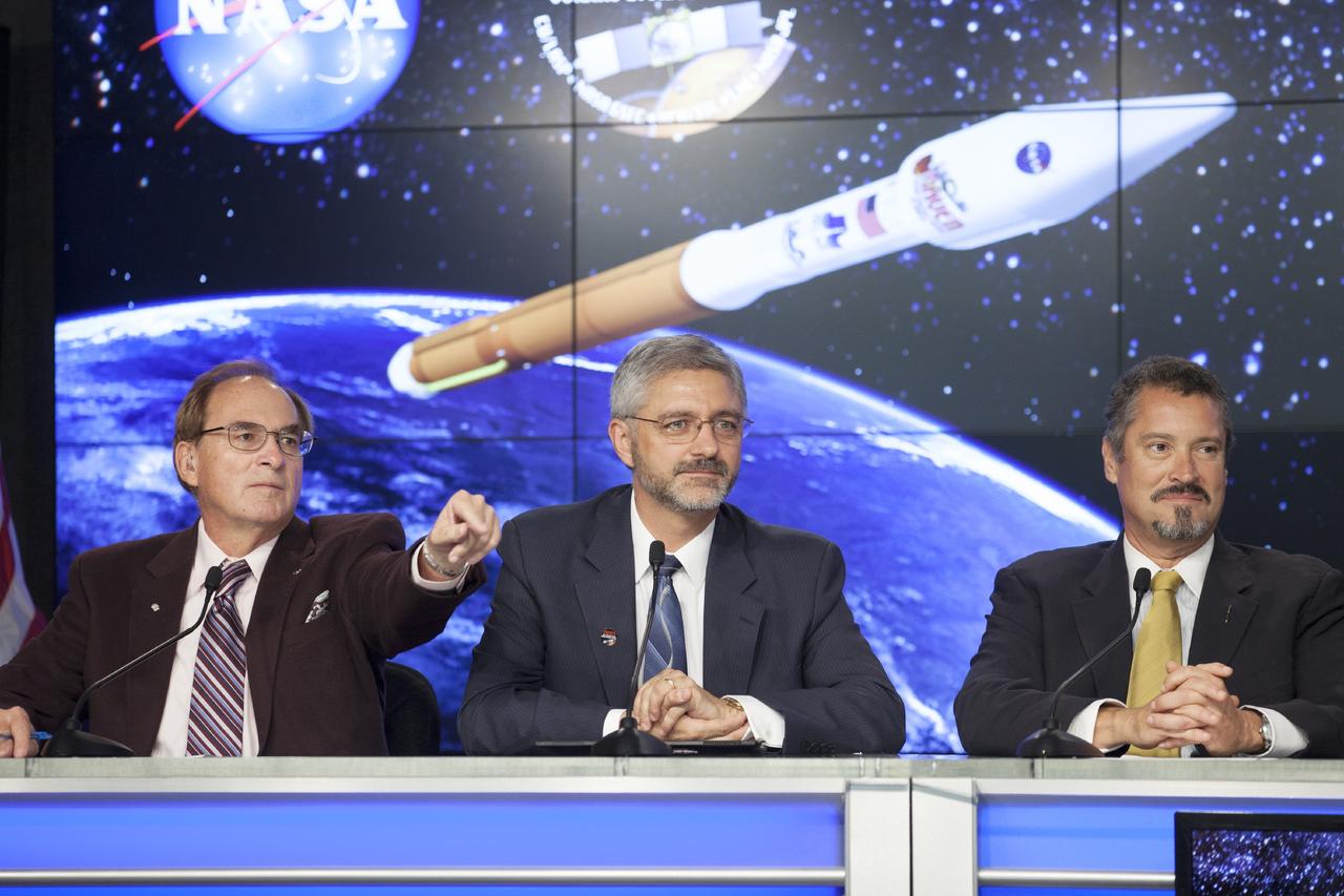 CAPE CANAVERAL, Fla. – During a news conference at NASA's Kennedy Space Center in Florida, agency and contractor officials discussed preparations for the launch of the Mars Atmosphere and Volatile EvolutioN, or MAVEN, mission. Calling on a member of the news media for a question, is George Diller of NASA Public Affairs, left. Also participating are Geoffrey Yoder, NASA deputy associate administrator of programs in the Science Mission Directorate, center, and Omar Baez, NASA launch director.      MAVEN is being prepared for its scheduled launch on Nov 18, 2013 from Cape Canaveral Air Force Station, Fla. atop a United Launch Alliance Atlas V rocket. Positioned in an orbit above the Red Planet, MAVEN will study the upper atmosphere of Mars in unprecedented detail. For information on the MAVEN mission, visit: http://www.nasa.gov/mission_pages/maven/main/index.html. Photo credit: NASA          MAVEN is being prepared for its scheduled launch on Nov 18, 2013 from Cape Canaveral Air Force Station, Fla. atop a United Launch Alliance Atlas V rocket. Positioned in an orbit above the Red Planet, MAVEN will study the upper atmosphere of Mars in unprecedented detail. For more information, visit: http://www.nasa.gov/mission_pages/maven/main/index.html Photo credit: NASA/Kim Shiflett