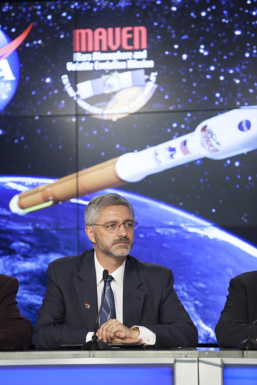 CAPE CANAVERAL, Fla. – During a news conference at NASA's Kennedy Space Center in Florida, agency and contractor officials discussed preparations for the launch of the Mars Atmosphere and Volatile EvolutioN, or MAVEN, mission. Participating in the briefing is Geoffrey Yoder, NASA deputy associate administrator of programs in the Science Mission Directorate. MAVEN is being prepared for its scheduled launch on Nov 18, 2013 from Cape Canaveral Air Force Station, Fla. atop a United Launch Alliance Atlas V rocket. Positioned in an orbit above the Red Planet, MAVEN will study the upper atmosphere of Mars in unprecedented detail. For information on the MAVEN mission, visit: http://www.nasa.gov/mission_pages/maven/main/index.html. Photo credit: NASA MAVEN is being prepared for its scheduled launch on Nov 18, 2013 from Cape Canaveral Air Force Station, Fla. atop a United Launch Alliance Atlas V rocket. Positioned in an orbit above the Red Planet, MAVEN will study the upper atmosphere of Mars in unprecedented detail. For more information, visit: http://www.nasa.gov/mission_pages/maven/main/index.html Photo credit: NASA/Kim Shiflett