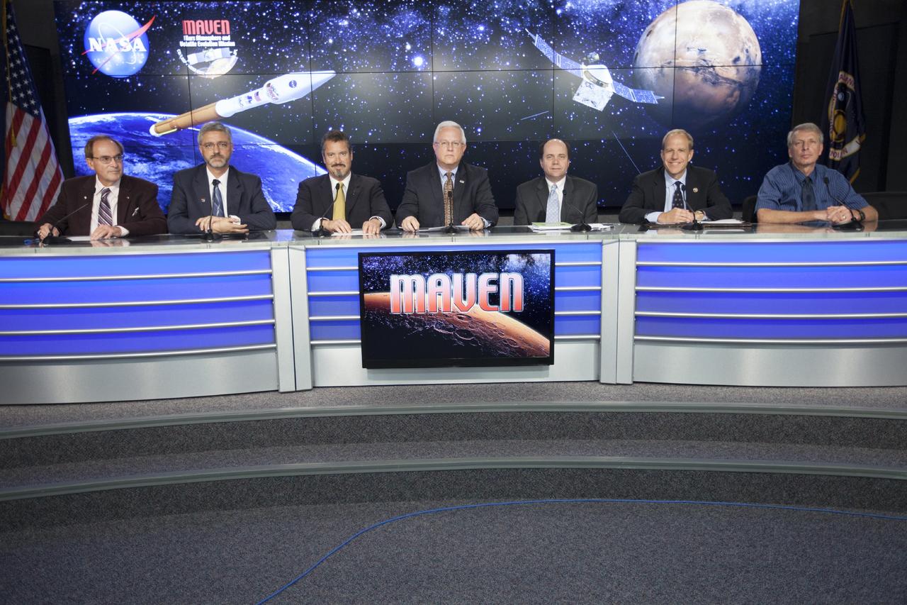 CAPE CANAVERAL, Fla. – During a news conference at NASA's Kennedy Space Center in Florida, agency and contractor officials discussed preparations for the launch of the Mars Atmosphere and Volatile EvolutioN, or MAVEN, mission. Participating in the briefing, from the left, are George Diller of NASA Public Affairs, Geoffrey Yoder, NASA deputy associate administrator of programs in the Science Mission Directorate, Omar Baez, NASA launch director, Vernon Thorp, program manager for NASA Missions with United Launch Alliance in Centennial, Colo., David Mitchell, NASA's MAVEN project manager at the Goddard Space Flight Center in Greenbelt, Md., Guy Beutelschies, Lockheed Martin's MAVEN project manager and Clay Flinn, launch weather officer, 45th Weather Squadron at Cape Canaveral Air Force Station, Fla.      MAVEN is being prepared for its scheduled launch on Nov 18, 2013 from Cape Canaveral Air Force Station, Fla. atop a United Launch Alliance Atlas V rocket. Positioned in an orbit above the Red Planet, MAVEN will study the upper atmosphere of Mars in unprecedented detail. For information on the MAVEN mission, visit: http://www.nasa.gov/mission_pages/maven/main/index.html. Photo credit: NASA          MAVEN is being prepared for its scheduled launch on Nov 18, 2013 from Cape Canaveral Air Force Station, Fla. atop a United Launch Alliance Atlas V rocket. Positioned in an orbit above the Red Planet, MAVEN will study the upper atmosphere of Mars in unprecedented detail. For more information, visit: http://www.nasa.gov/mission_pages/maven/main/index.html Photo credit: NASA/Kim Shiflett