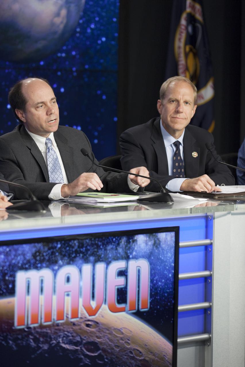 CAPE CANAVERAL, Fla. – During a news conference at NASA's Kennedy Space Center in Florida, agency and contractor officials discussed preparations for the launch of the Mars Atmosphere and Volatile EvolutioN, or MAVEN, mission. Participating in the briefing are David Mitchell, NASA's MAVEN project manager at the Goddard Space Flight Center in Greenbelt, Md., left and Guy Beutelschies, Lockheed Martin's MAVEN project manager.      MAVEN is being prepared for its scheduled launch on Nov 18, 2013 from Cape Canaveral Air Force Station, Fla. atop a United Launch Alliance Atlas V rocket. Positioned in an orbit above the Red Planet, MAVEN will study the upper atmosphere of Mars in unprecedented detail. For information on the MAVEN mission, visit: http://www.nasa.gov/mission_pages/maven/main/index.html. Photo credit: NASA          MAVEN is being prepared for its scheduled launch on Nov 18, 2013 from Cape Canaveral Air Force Station, Fla. atop a United Launch Alliance Atlas V rocket. Positioned in an orbit above the Red Planet, MAVEN will study the upper atmosphere of Mars in unprecedented detail. For more information, visit: http://www.nasa.gov/mission_pages/maven/main/index.html Photo credit: NASA/Kim Shiflett
