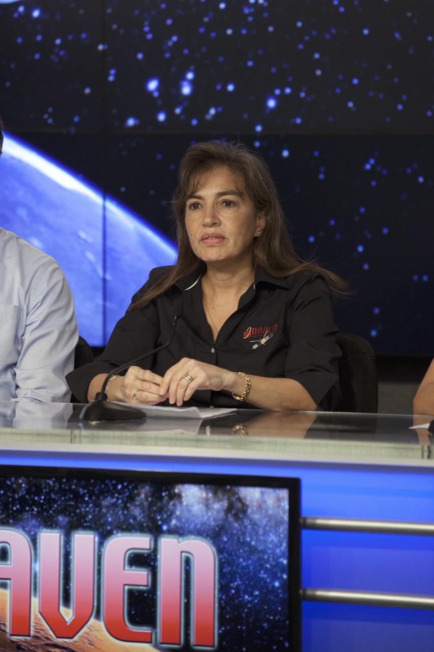 CAPE CANAVERAL, Fla. – During a Spanish language news conference at NASA's Kennedy Space Center in Florida, agency officials discussed preparations for the launch of the Mars Atmosphere and Volatile EvolutioN, or MAVEN, mission. Participating in the briefing is Sandra Cauffman, deputy project manager at the Goddard Space Flight Center in Greenbelt, Md.      MAVEN is being prepared for its scheduled launch on Nov 18, 2013 from Cape Canaveral Air Force Station, Fla. atop a United Launch Alliance Atlas V rocket. Positioned in an orbit above the Red Planet, MAVEN will study the upper atmosphere of Mars in unprecedented detail. For information on the MAVEN mission, visit: http://www.nasa.gov/mission_pages/maven/main/index.html. Photo credit: NASA/Kim Shiflett