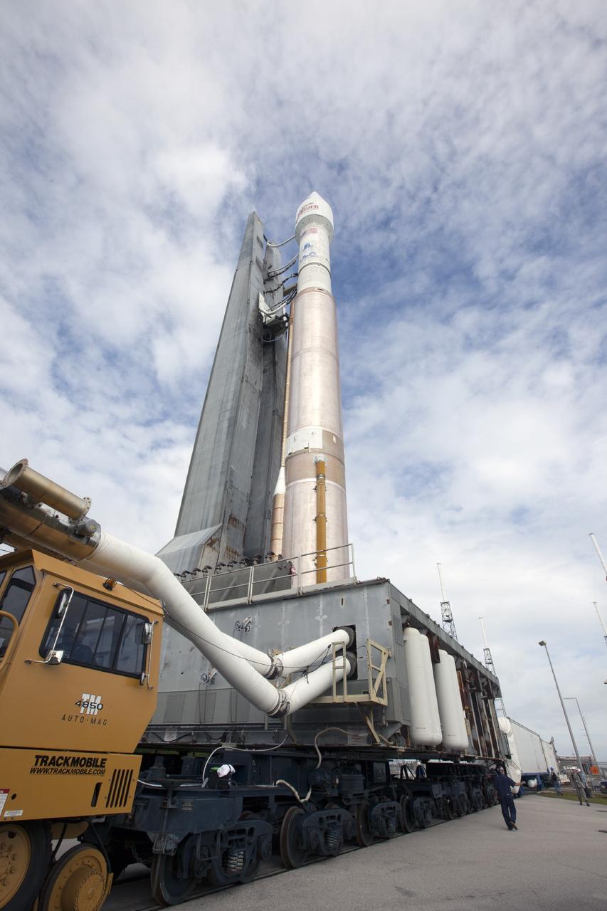 CAPE CANAVERAL, Fla. -- The United Launch Alliance Atlas V rocket carrying NASA’s Mars Atmosphere and Volatile EvolutioN, or MAVEN, spacecraft towers above the transporter moving it from the Vertical Integration Facility to the pad at Space Launch Complex 41 on Cape Canaveral Air Force Station in Florida. Rollout began on schedule with first motion at 9:57 a.m. Launch is scheduled for Nov. 18 during a window that extends from 1:28 to 3:28 p.m. Once positioned in orbit above the Red Planet, MAVEN will study its upper atmosphere in unprecedented detail. For more information, visit: http://www.nasa.gov/mission_pages/maven/main/index.html. Photo credit: NASA/Kim Shiflett