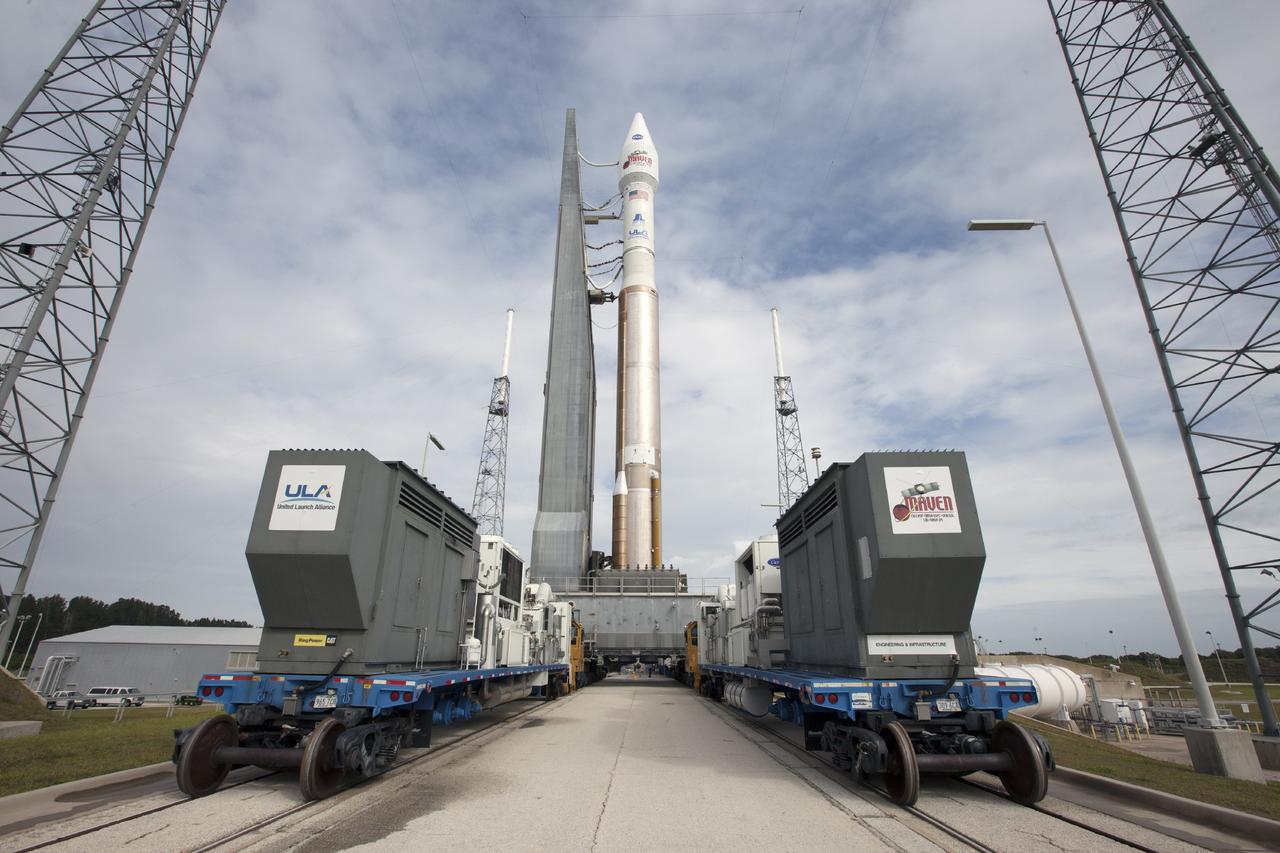 CAPE CANAVERAL, Fla. -- The United Launch Alliance Atlas V rocket carrying NASA’s Mars Atmosphere and Volatile EvolutioN, or MAVEN, spacecraft arrives at the pad at Space Launch Complex 41 on Cape Canaveral Air Force Station in Florida after a 20-minute journey from the Vertical Integration Facility. Rollout began on schedule with first motion at 9:57 a.m. Launch is scheduled for Nov. 18 during a window that extends from 1:28 to 3:28 p.m. Once positioned in orbit above the Red Planet, MAVEN will study its upper atmosphere in unprecedented detail. For more information, visit: http://www.nasa.gov/mission_pages/maven/main/index.html. Photo credit: NASA/Kim Shiflett