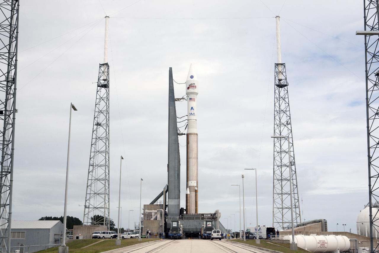 CAPE CANAVERAL, Fla. -- The United Launch Alliance Atlas V rocket carrying NASA’s Mars Atmosphere and Volatile EvolutioN, or MAVEN, spacecraft arrives at Space Launch Complex 41 on Cape Canaveral Air Force Station in Florida. The 20-minute journey from the Vertical Integration Facility began on schedule with first motion at 9:57 a.m. EST. Launch is scheduled for Nov. 18 during a window that extends from 1:28 to 3:28 p.m. Once positioned in orbit above the Red Planet, MAVEN will study its upper atmosphere in unprecedented detail. For more information, visit: http://www.nasa.gov/mission_pages/maven/main/index.html. Photo credit: NASA/Kim Shiflett