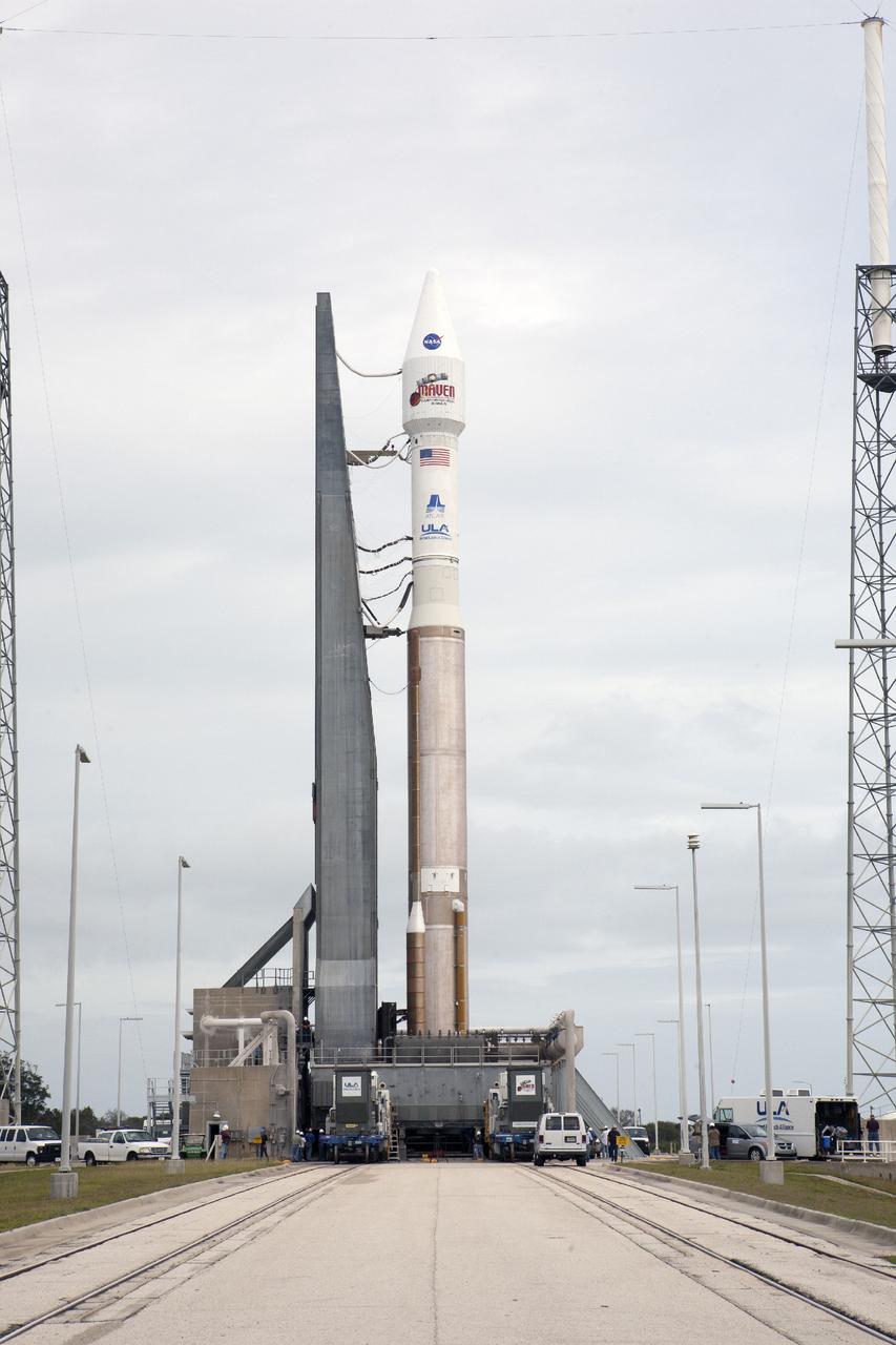 CAPE CANAVERAL, Fla. -- At Cape Canaveral Air Force Station in Florida, work to secure the United Launch Alliance Atlas V rocket carrying NASA’s Mars Atmosphere and Volatile EvolutioN, or MAVEN, spacecraft is underway at Space Launch Complex 41. The 20-minute journey from the Vertical Integration Facility began on schedule with first motion at 9:57 a.m. EST. Launch is scheduled for Nov. 18 during a window that extends from 1:28 to 3:28 p.m. Once positioned in orbit above the Red Planet, MAVEN will study its upper atmosphere in unprecedented detail. For more information, visit: http://www.nasa.gov/mission_pages/maven/main/index.html. Photo credit: NASA/Kim Shiflett