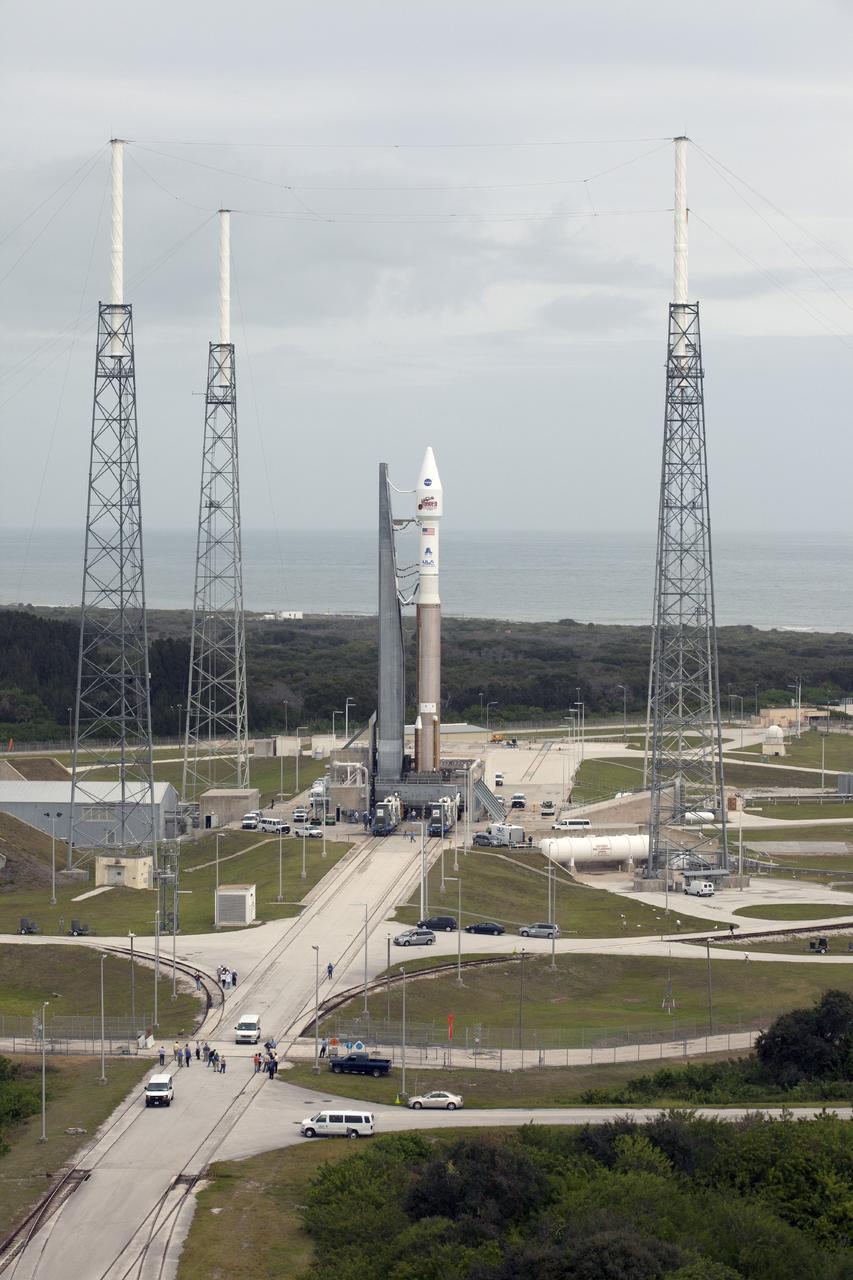CAPE CANAVERAL, Fla. -- The United Launch Alliance Atlas V rocket carrying NASA’s Mars Atmosphere and Volatile EvolutioN, or MAVEN, spacecraft is secured on the pad at 10:35 a.m. EST at Space Launch Complex 41 on Cape Canaveral Air Force Station in Florida. The 20-minute journey from the Vertical Integration Facility began on schedule with first motion at 9:57 a.m. Launch is scheduled for Nov. 18 during a window that extends from 1:28 to 3:28 p.m. Once positioned in orbit above the Red Planet, MAVEN will study its upper atmosphere in unprecedented detail. For more information, visit: http://www.nasa.gov/mission_pages/maven/main/index.html. Photo credit: NASA/Kim Shiflett