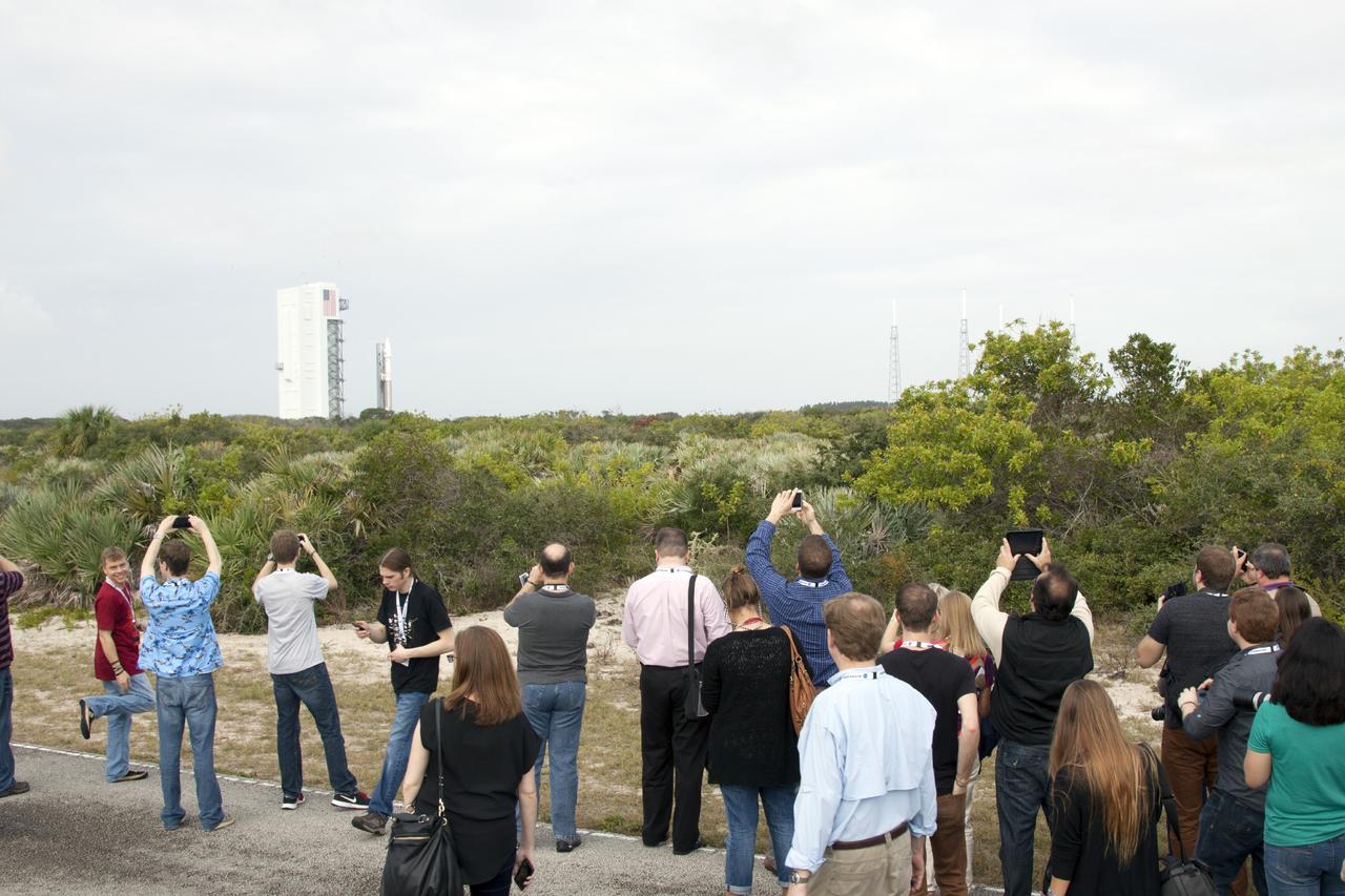 CAPE CANAVERAL, Fla. -- Social media participants are given an opportunity to photograph the Atlas V vehicle poised at Cape Canaveral's Space Launch Complex-41 that will boost the Mars Atmosphere and Volatile Evolution, or MAVEN, spacecraft on a 10-month trip to the Red Planet. They were on hand for the upcoming launch of the MAVEN mission.      Their visit included tours of key facilities at the Florida Spaceport and participating in presentations by key NASA leaders who updated the space agency's current efforts. Photo credit: NASA/Jim Grossman