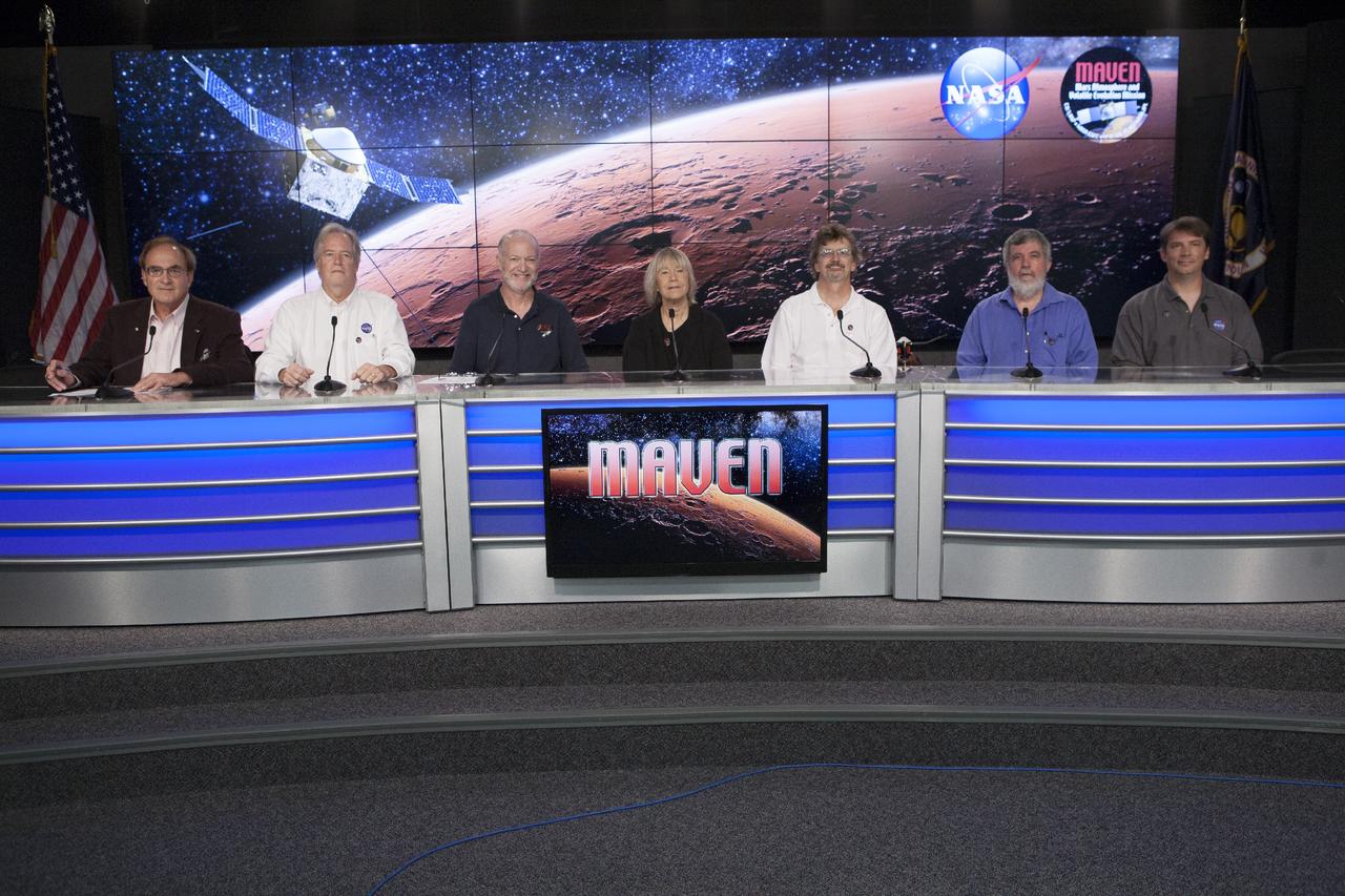 CAPE CANAVERAL, Fla. – During a news conference at NASA's Kennedy Space Center in Florida, NASA officials and university investigators outlined science plans for the Mars Atmosphere and Volatile EvolutioN, or MAVEN, mission. Participating in the briefing, from the left, are George Diller of NASA Public Affairs, Michael Meyer, lead Mars Scientist at NASA Headquarters, Bruce Jakosky, MAVEN principal investigator from the Laboratory for Atmospheric and Space Physics at the University of Colorado at Boulder, Janet Luhmann, MAVEN deputy principal investigator from the University of California at Berkeley, Nick Schneider, MAVEN Imaging Ultraviolet Spectrograph, or IUVS, instrument lead at the University of Colorado, Paul Mahaffy, MAVEN Neutral Gas and Ion Mass Spectrometer, or NGIMS, instrument lead at NASA's Goddard Space Flight Center in Greenbelt, Md., and David Mitchell, MAVEN Solar Wind Electron Analyzer, or SWEA, instrument lead at the University of California.      MAVEN is being prepared for its scheduled launch on Nov 18, 2013 from Cape Canaveral Air Force Station, Fla. atop a United Launch Alliance Atlas V rocket. Positioned in an orbit above the Red Planet, MAVEN will study the upper atmosphere of Mars in unprecedented detail. For information on the MAVEN mission, visit: http://www.nasa.gov/mission_pages/maven/main/index.html. Photo credit: NASA/Kim Shiflett