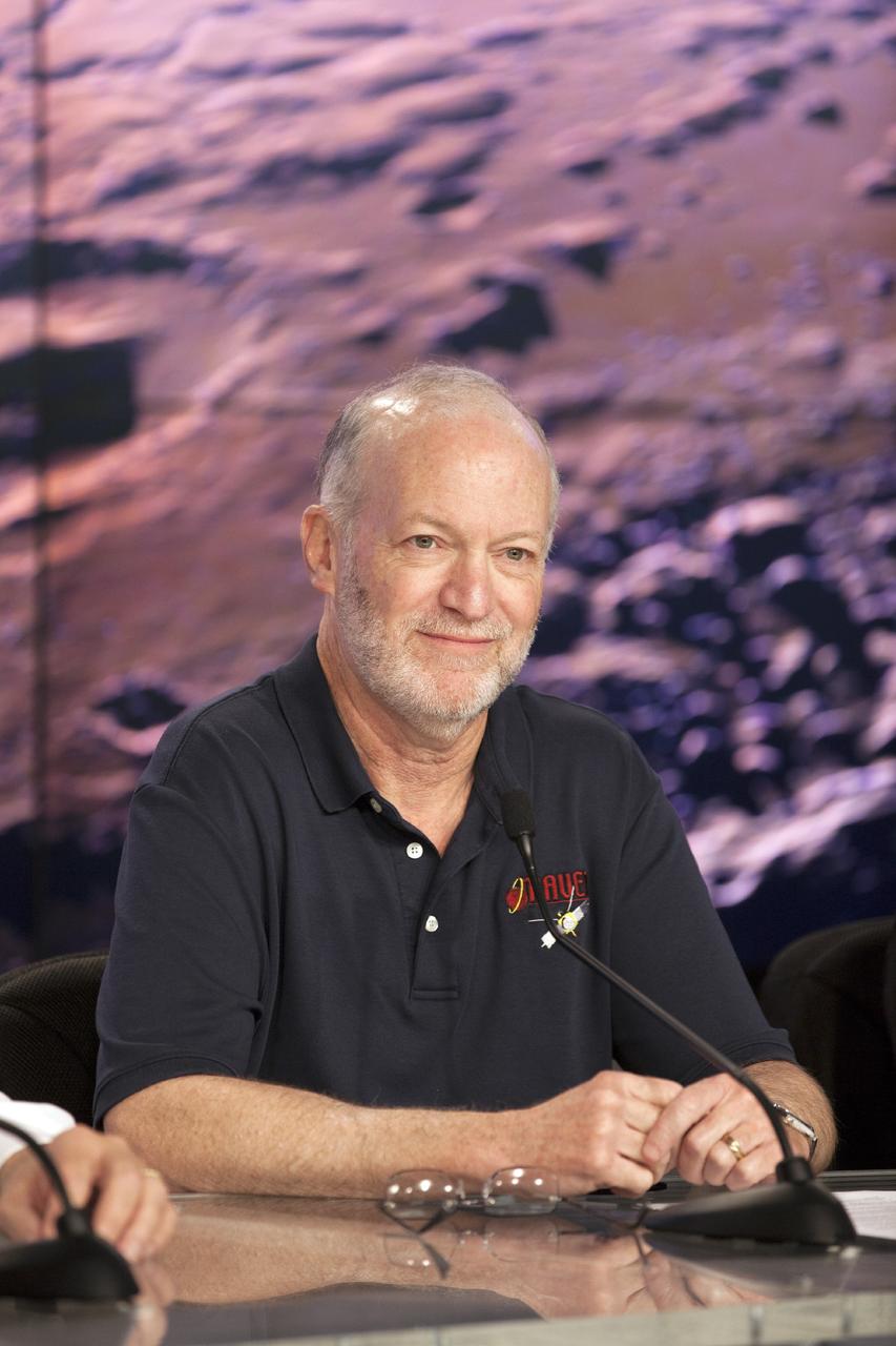 CAPE CANAVERAL, Fla. – During a news conference at NASA's Kennedy Space Center in Florida, NASA officials and university investigators outlined science plans for the Mars Atmosphere and Volatile EvolutioN, or MAVEN, mission. Briefing participants included Bruce Jakosky, MAVEN principal investigator from the Laboratory for Atmospheric and Space Physics at the University of Colorado at Boulder. MAVEN is being prepared for its scheduled launch on Nov 18, 2013 from Cape Canaveral Air Force Station, Fla. atop a United Launch Alliance Atlas V rocket. Positioned in an orbit above the Red Planet, MAVEN will study the upper atmosphere of Mars in unprecedented detail. For information on the MAVEN mission, visit: http://www.nasa.gov/mission_pages/maven/main/index.html. Photo credit: NASA/Kim Shiflett