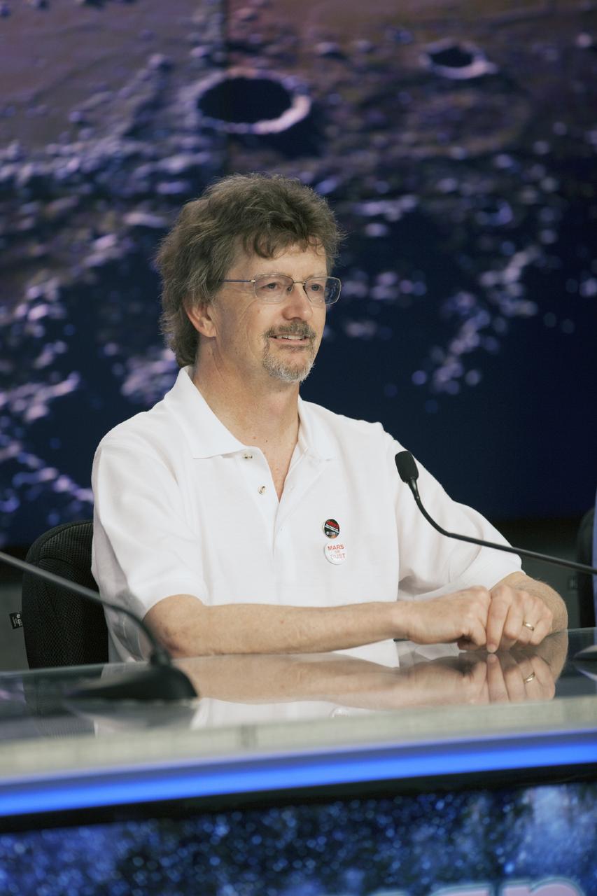 CAPE CANAVERAL, Fla. – During a news conference at NASA's Kennedy Space Center in Florida, NASA officials and university investigators outlined science plans for the Mars Atmosphere and Volatile EvolutioN, or MAVEN, mission. Briefing participants included Nick Schneider, MAVEN Imaging Ultraviolet Spectrograph, or IUVS, instrument lead at the Laboratory for Atmospheric and Space Physics at the University of Colorado at Boulder. MAVEN is being prepared for its scheduled launch on Nov 18, 2013 from Cape Canaveral Air Force Station, Fla. atop a United Launch Alliance Atlas V rocket. Positioned in an orbit above the Red Planet, MAVEN will study the upper atmosphere of Mars in unprecedented detail. For information on the MAVEN mission, visit: http://www.nasa.gov/mission_pages/maven/main/index.html. Photo credit: NASA/Kim Shiflett