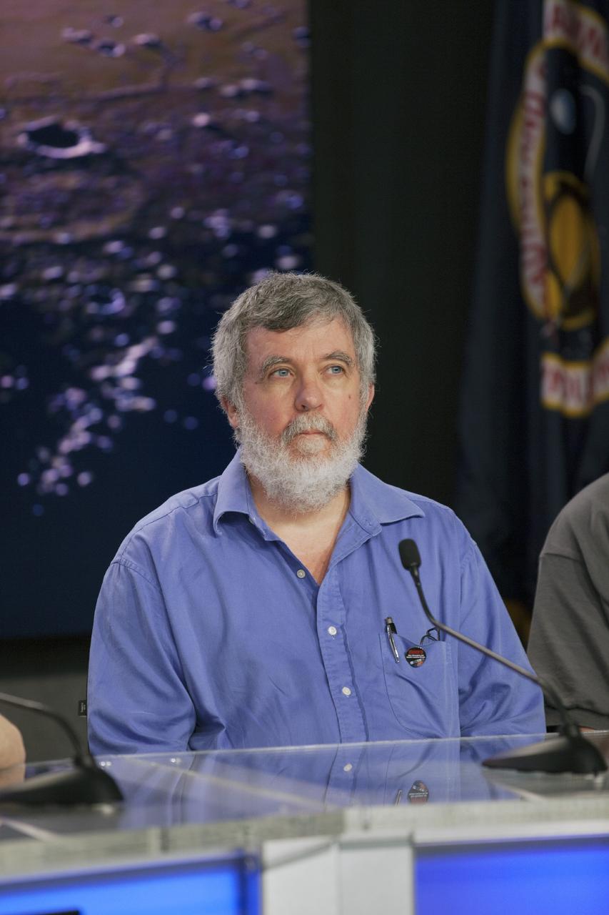CAPE CANAVERAL, Fla. – During a news conference at NASA's Kennedy Space Center in Florida, NASA officials and university investigators outlined science plans for the Mars Atmosphere and Volatile EvolutioN, or MAVEN, mission. Briefing participants included Paul Mahaffy, MAVEN Neutral Gas and Ion Mass Spectrometer, or NGIMS, instrument lead at NASA's Goddard Space Flight Center in Greenbelt, Md.      MAVEN is being prepared for its scheduled launch on Nov 18, 2013 from Cape Canaveral Air Force Station, Fla. atop a United Launch Alliance Atlas V rocket. Positioned in an orbit above the Red Planet, MAVEN will study the upper atmosphere of Mars in unprecedented detail. For information on the MAVEN mission, visit: http://www.nasa.gov/mission_pages/maven/main/index.html. Photo credit: NASA/Kim Shiflett
