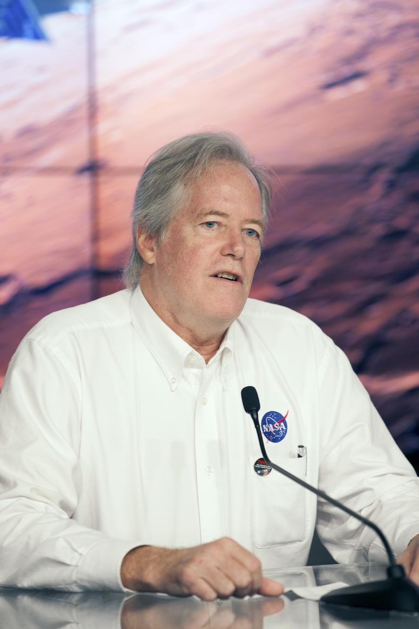 CAPE CANAVERAL, Fla. – During a news conference at NASA's Kennedy Space Center in Florida, NASA officials and university investigators outlined science plans for the Mars Atmosphere and Volatile EvolutioN, or MAVEN, mission. Briefing participants included Michael Meyer, lead Mars Scientist at NASA Headquarters.       MAVEN is being prepared for its scheduled launch on Nov 18, 2013 from Cape Canaveral Air Force Station, Fla. atop a United Launch Alliance Atlas V rocket. Positioned in an orbit above the Red Planet, MAVEN will study the upper atmosphere of Mars in unprecedented detail. For information on the MAVEN mission, visit: http://www.nasa.gov/mission_pages/maven/main/index.html. Photo credit: NASA/Kim Shiflett