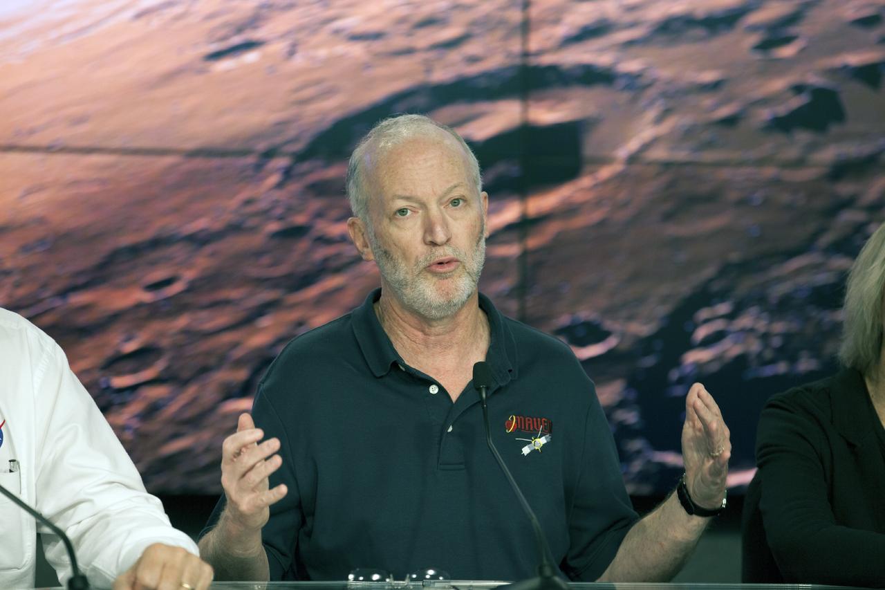 CAPE CANAVERAL, Fla. – During a news conference at NASA's Kennedy Space Center in Florida, NASA officials and university investigators outlined science plans for the Mars Atmosphere and Volatile EvolutioN, or MAVEN, mission. Briefing participants included Bruce Jakosky, MAVEN principal investigator from the Laboratory for Atmospheric and Space Physics at the University of Colorado at Boulder. MAVEN is being prepared for its scheduled launch on Nov 18, 2013 from Cape Canaveral Air Force Station, Fla. atop a United Launch Alliance Atlas V rocket. Positioned in an orbit above the Red Planet, MAVEN will study the upper atmosphere of Mars in unprecedented detail. For information on the MAVEN mission, visit: http://www.nasa.gov/mission_pages/maven/main/index.html. Photo credit: NASA/Kim Shiflett