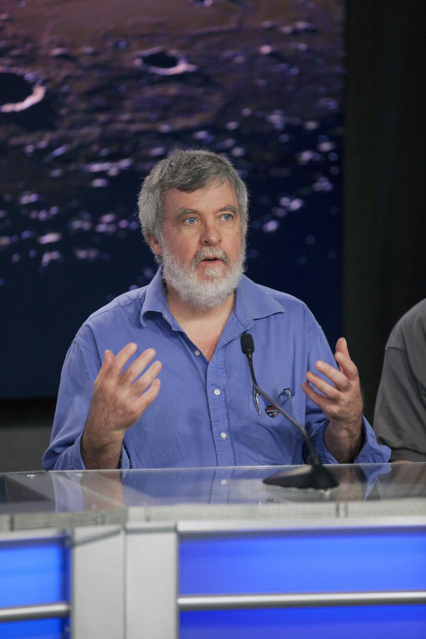 CAPE CANAVERAL, Fla. – During a news conference at NASA's Kennedy Space Center in Florida, NASA officials and university investigators outlined science plans for the Mars Atmosphere and Volatile EvolutioN, or MAVEN, mission. Briefing participants included David Mitchell, MAVEN Solar Wind Electron Analyzer, or SWEA, instrument lead at the University of California at Berkeley.      MAVEN is being prepared for its scheduled launch on Nov 18, 2013 from Cape Canaveral Air Force Station, Fla. atop a United Launch Alliance Atlas V rocket. Positioned in an orbit above the Red Planet, MAVEN will study the upper atmosphere of Mars in unprecedented detail. For information on the MAVEN mission, visit: http://www.nasa.gov/mission_pages/maven/main/index.html. Photo credit: NASA/Kim Shiflett