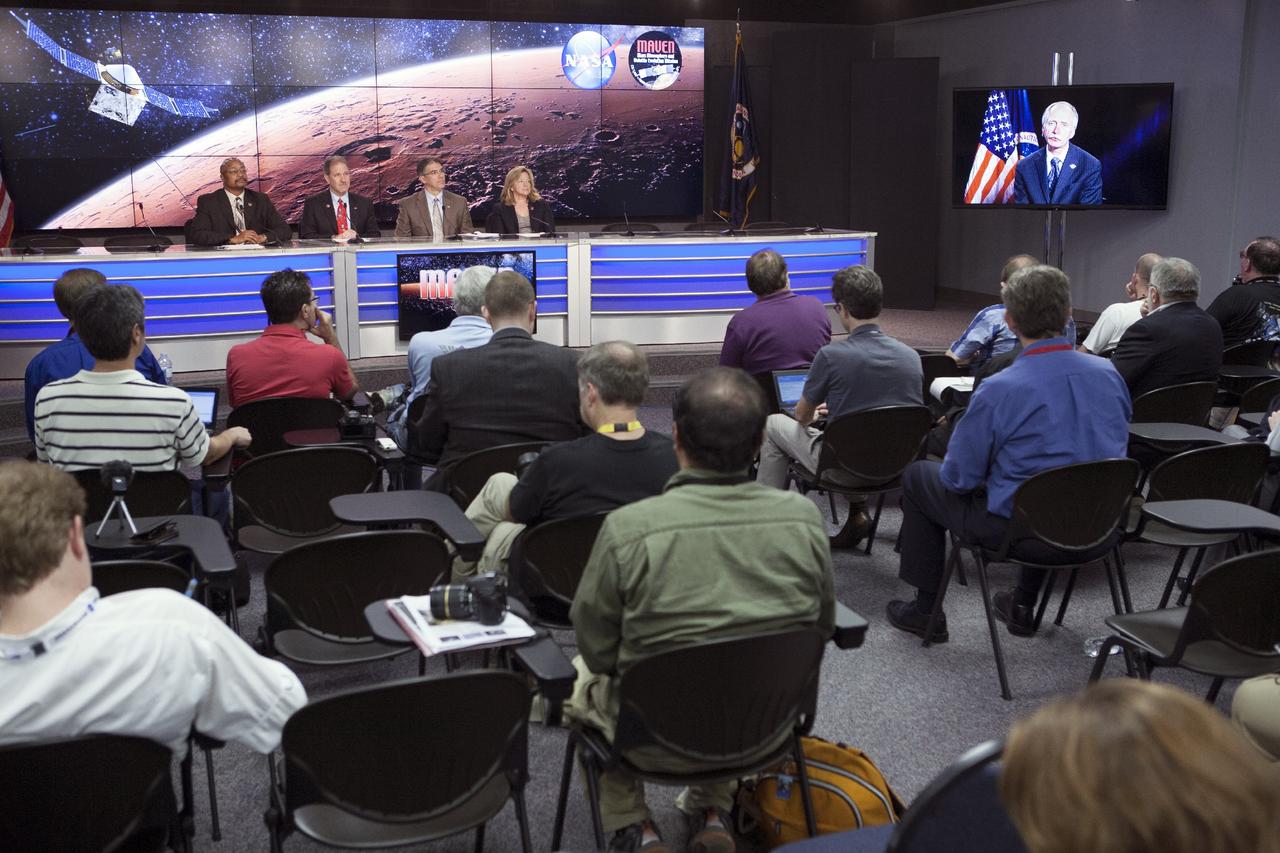 CAPE CANAVERAL, Fla. – During a news conference at NASA's Kennedy Space Center in Florida, officials outlined the agency’s plans for future human spaceflight, including an expedition to Mars. Participating in the briefing, from the left   are, Dwayne Brown, NASA Public Affairs, John Grunsfeld, NASA associate administrator for the Science Mission Directorate, Michael Gazarik, associate administrator for the Space Technology Mission Directorate and Ellen Stofan, NASA chief scientist. William Gerstenmaier, associate administrator for Human Exploration and Operations participated via television from NASA Headquarters. The briefing took place the day prior to launch of the Mars Atmosphere and Volatile EvolutioN, or MAVEN, mission.    MAVEN is being prepared for its scheduled launch on Nov 18, 2013 from Cape Canaveral Air Force Station, Fla. atop a United Launch Alliance Atlas V rocket. Positioned in an orbit above the Red Planet, MAVEN will study the upper atmosphere of Mars in unprecedented detail. For information on the MAVEN mission, visit: http://www.nasa.gov/mission_pages/maven/main/index.html. For more on NASA Human Spaceflight, visit: http://www.spaceflight.nasa.gov/home/index.html. For information on the international Space Station, visit: http://www.nasa.gov/mission_pages/station/main/index.html Photo credit: NASA/Kim Shiflett