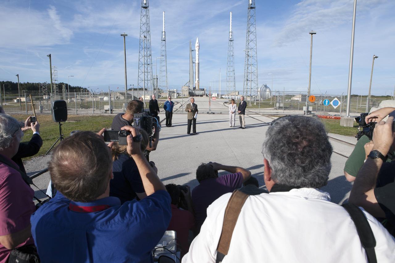 CAPE CANAVERAL, Fla. – At Cape Canaveral Air Force Station's Space Launch Compex-41, NASA Administrator Charles Bolden, at the microphone, along with other agency and contractor officials spoke to members of the news media about preparations for the Mars Atmosphere and Volatile EvolutioN, or MAVEN, mission.      MAVEN is being prepared for its scheduled launch on Nov. 18, 2013 from Cape Canaveral Air Force Station, Fla. atop a United Launch Alliance Atlas V rocket. Positioned in an orbit above the Red Planet, MAVEN will study the upper atmosphere of Mars in unprecedented detail. For more information, visit: http://www.nasa.gov/mission_pages/maven/main/index.html Photo credit: NASA/Kim Shiflett