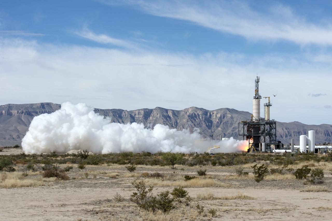 VAN HORN, Texas – Blue Origin test fires a powerful new hydrogen- and oxygen-fueled American rocket engine at the company's West Texas facility. During the test, the BE-3 engine fired at full power for more than two minutes to simulate a launch, then paused for about four minutes, mimicking a coast through space before it re-ignited for a brief final burn. The last phase of the test covered the work the engine could perform in landing the booster back softly on Earth. Blue Origin, a partner of NASA’s Commercial Crew Program, or CCP, is developing its Orbital Launch Vehicle, which could eventually be used to launch the company's Space Vehicle into orbit to transport crew and cargo to low-Earth orbit. CCP is aiding in the innovation and development of American-led commercial capabilities for crew transportation and rescue services to and from the station and other low-Earth orbit destinations by the end of 2017. For information about CCP, visit www.nasa.gov/commercialcrew. Photo credit: NASA/Lauren Harnett