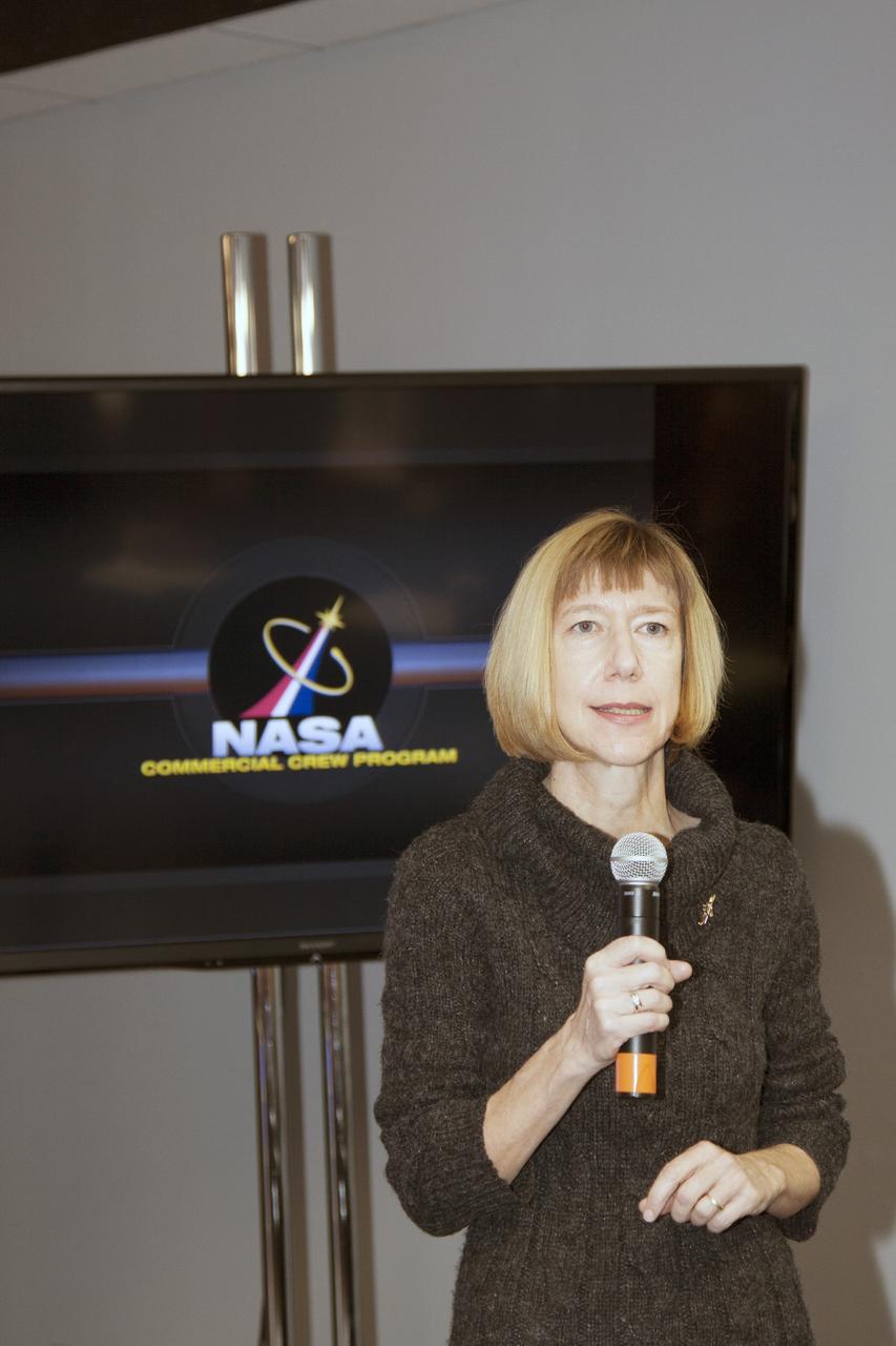 CAPE CANAVERAL, Fla. – Kathy Lueders, acting program manager of the Commercial Crew Program, welcomes participants to an industry conference inside the Television Auditorium at NASA's Kennedy Space Center in Florida. The conference was held following the program's request for proposals from commercial companies for a development and certification contract called the Commercial Crew Transportation Capability CCtCap. The contract will provide a finish line for the agency following more than four years of development work by CCP and American aerospace companies. CCtCap is the second phase of a two-phase certification plan for privately built and operated integrated crew transportation systems. Photo credit: NASA/Jim Grossmann