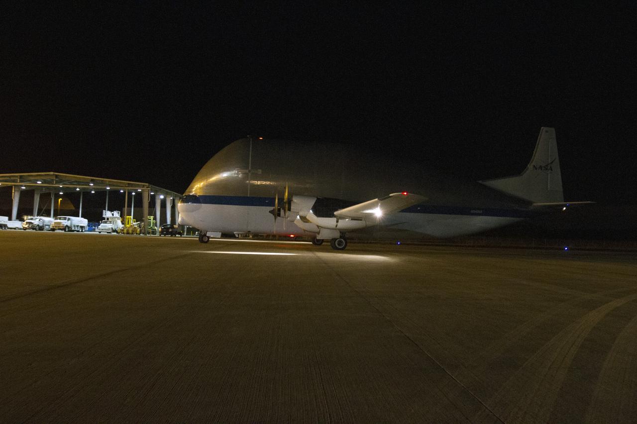 CAPE CANAVERAL, Fla. – At the Shuttle Landing Facility at NASA's Kennedy Space Center in Florida, the heat shield for the agency's Orion spacecraft arrived aboard the Super Guppy aircraft. The largest of its kind ever built, the heat shield is planned for installation on the Orion crew module in March next year. The Orion spacecraft is scheduled to make its first unpiloted flight test, Exploration Flight Test-1 EFT-1, in September 2014.      The Orion spacecraft is designed to meet requirements for traveling beyond low-Earth orbit. The spacecraft will serve as the exploration vehicle that will carry crews to space, sustain the astronauts during the space travel and provide safe re-entry from deep space. For more information, visit: http://www.nasa.gov/orion Photo credit: NASA/Cory Huston