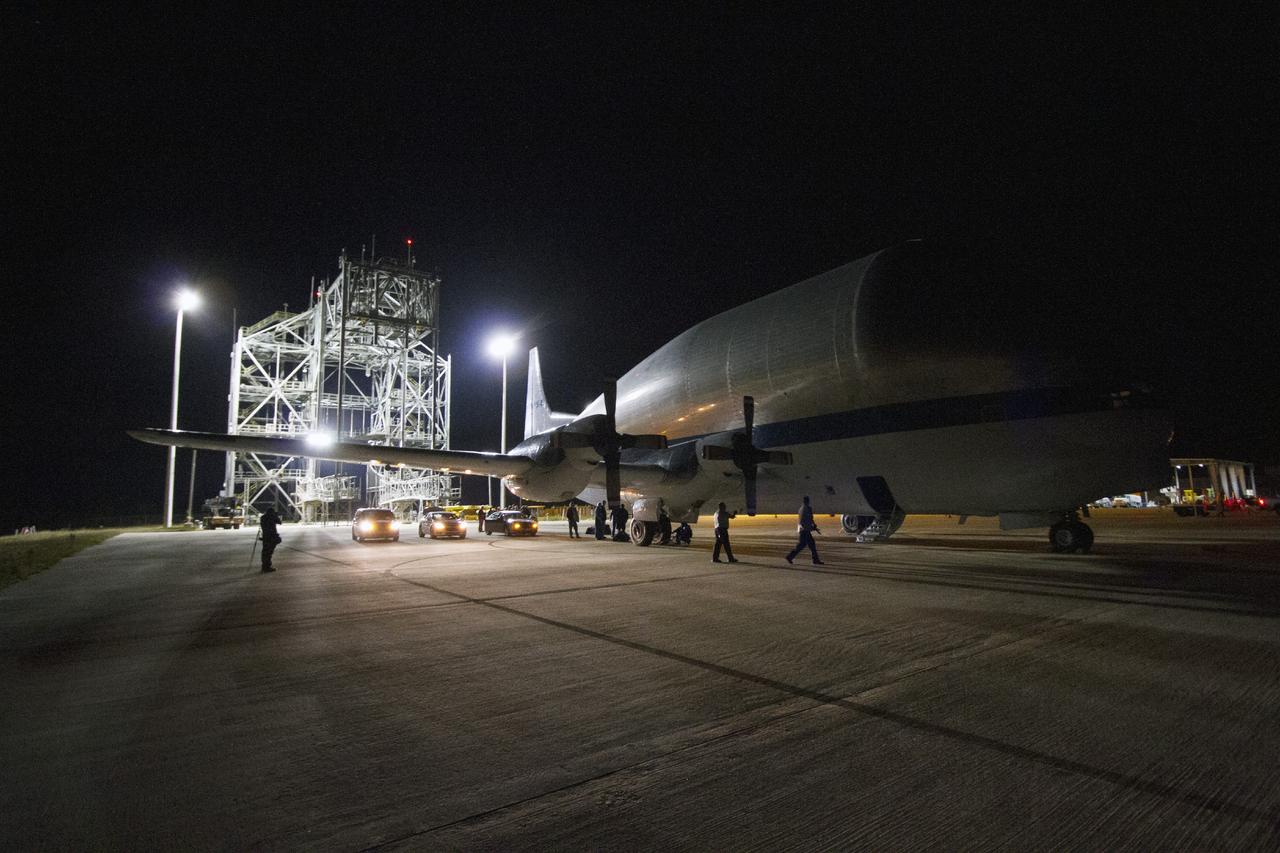 CAPE CANAVERAL, Fla. – At the Shuttle Landing Facility at NASA's Kennedy Space Center in Florida, the heat shield for the agency's Orion spacecraft arrived aboard the Super Guppy aircraft. The largest of its kind ever built, the heat shield is planned for installation on the Orion crew module in March next year. The Orion spacecraft is scheduled to make its first unpiloted flight test, Exploration Flight Test-1 EFT-1, in September 2014.      The Orion spacecraft is designed to meet requirements for traveling beyond low-Earth orbit. The spacecraft will serve as the exploration vehicle that will carry crews to space, sustain the astronauts during the space travel and provide safe re-entry from deep space. For more information, visit: http://www.nasa.gov/orion Photo credit: NASA/Cory Huston