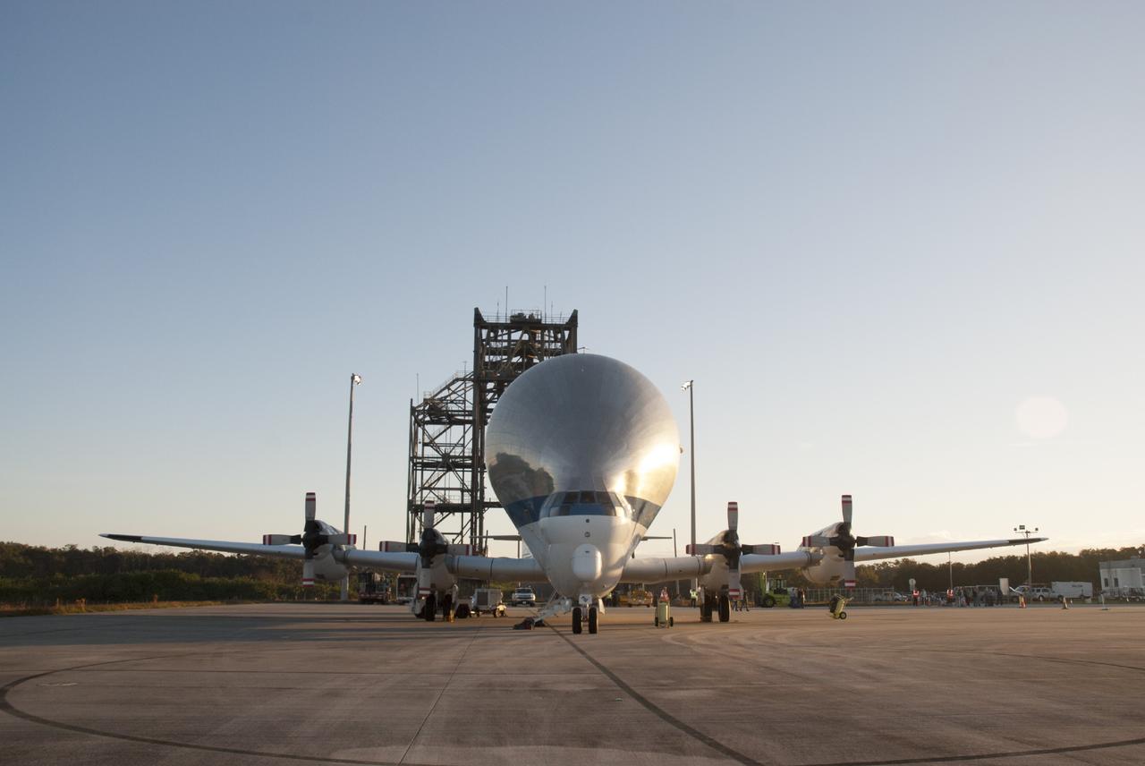 CAPE CANAVERAL, Fla. – At the Shuttle Landing Facility at NASA's Kennedy Space Center in Florida, the heat shield for the agency's Orion spacecraft arrived aboard the Super Guppy aircraft. The largest of its kind ever built, the heat shield is planned for installation on the Orion crew module in March next year. The Orion spacecraft is scheduled to make its first unpiloted flight test, Exploration Flight Test-1 EFT-1, in September 2014.      The Orion spacecraft is designed to meet requirements for traveling beyond low-Earth orbit. The spacecraft will serve as the exploration vehicle that will carry crews to space, sustain the astronauts during the space travel and provide safe re-entry from deep space. For more information, visit: http://www.nasa.gov/orion Photo credit: NASA/Charisse Nasher