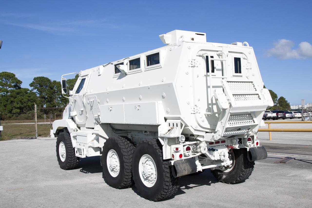 CAPE CANAVERAL, Fla. -- The first of four new emergency egress vehicles, called Mine-Resistant Ambush-Protection, or MRAP, vehicles arrived at Kennedy Space Center in Florida from the U.S. Army Red River Depot in Texarkana, Texas. Each vehicle will be processed in and then transported to the Rotation, Processing and Surge Facility near the Vehicle Assembly Building for temporary storage. The Ground Systems Development and Operations Program at Kennedy led the efforts to an emergency egress vehicle that future astronauts could quickly use to leave the Launch Complex 39 area in case of an emergency. During crewed launches of NASA’s Space Launch System and Orion spacecraft, the MRAP will be stationed by the slidewire termination area at the pad. In case of an emergency, the crew will ride a slidewire to the ground and immediately board the MRAP for safe egress from the pad. The new vehicles replace the M-113 vehicles that were used during the Space Shuttle Program. Photo credit: NASA/Jim Grossmann