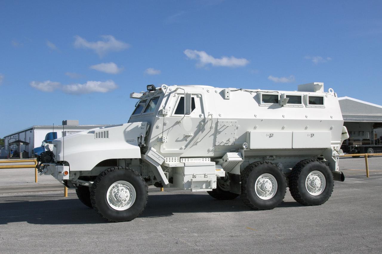 CAPE CANAVERAL, Fla. -- The first of four new emergency egress vehicles, called Mine-Resistant Ambush-Protection, or MRAP, vehicles arrived at Kennedy Space Center in Florida from the U.S. Army Red River Depot in Texarkana, Texas. Each vehicle will be processed in and then transported to the Rotation, Processing and Surge Facility near the Vehicle Assembly Building for temporary storage. The Ground Systems Development and Operations Program at Kennedy led the efforts to an emergency egress vehicle that future astronauts could quickly use to leave the Launch Complex 39 area in case of an emergency. During crewed launches of NASA’s Space Launch System and Orion spacecraft, the MRAP will be stationed by the slidewire termination area at the pad. In case of an emergency, the crew will ride a slidewire to the ground and immediately board the MRAP for safe egress from the pad. The new vehicles replace the M-113 vehicles that were used during the Space Shuttle Program. Photo credit: NASA/Jim Grossmann